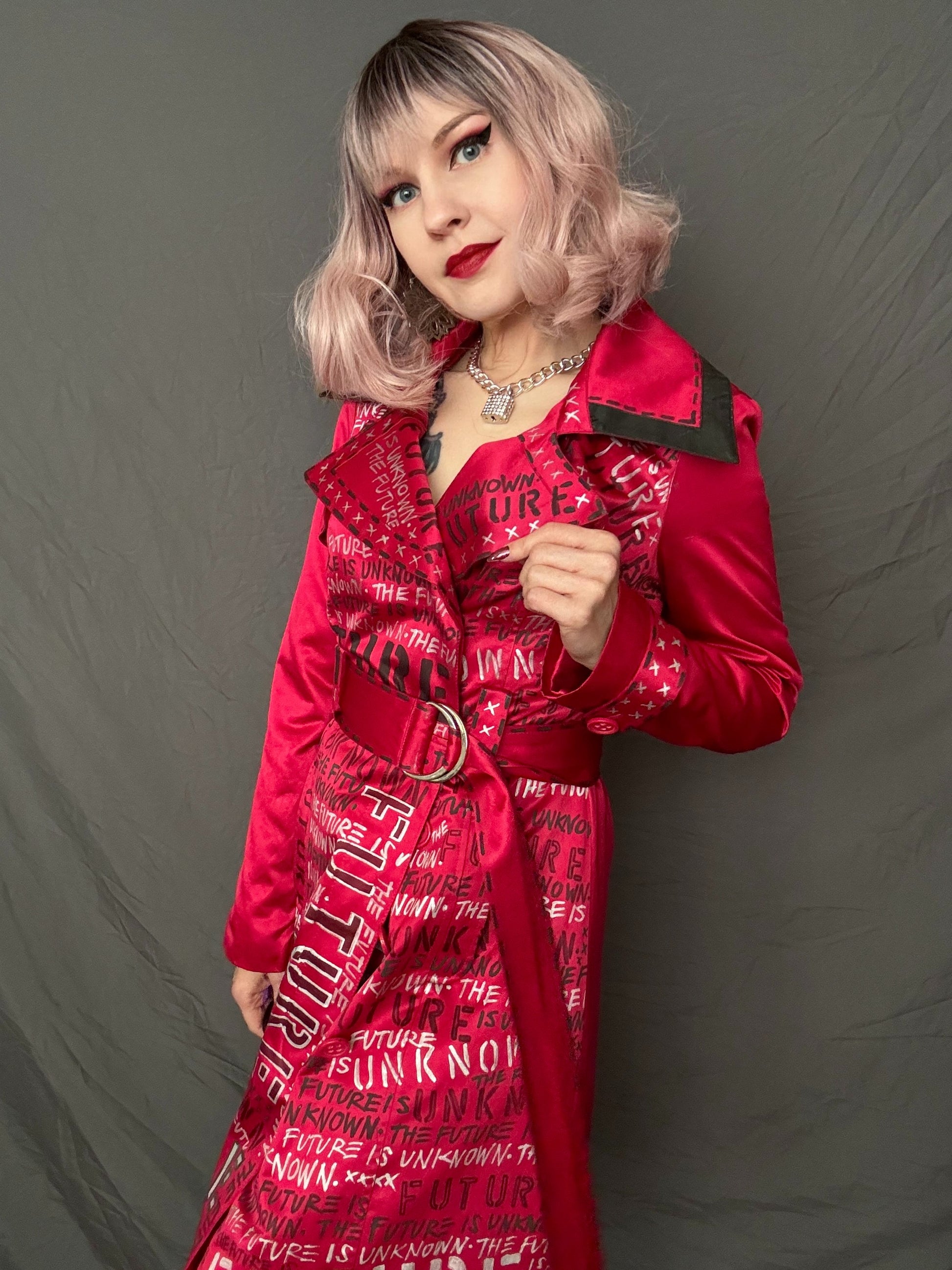 womens red upcycled punk trench coat