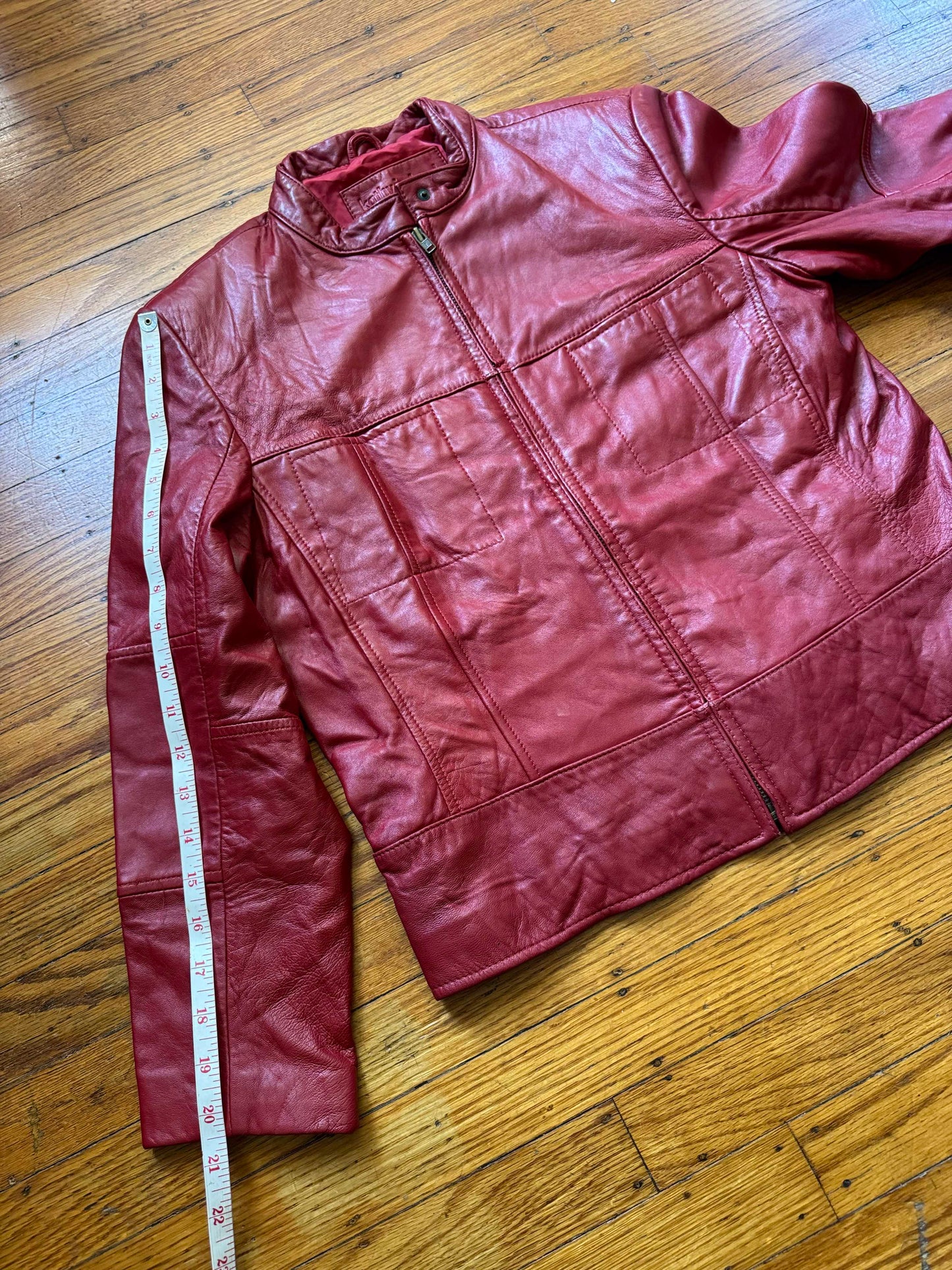 Red Leather Vintage Y2K Cafe Racer Women's Jacket, Size S/P
