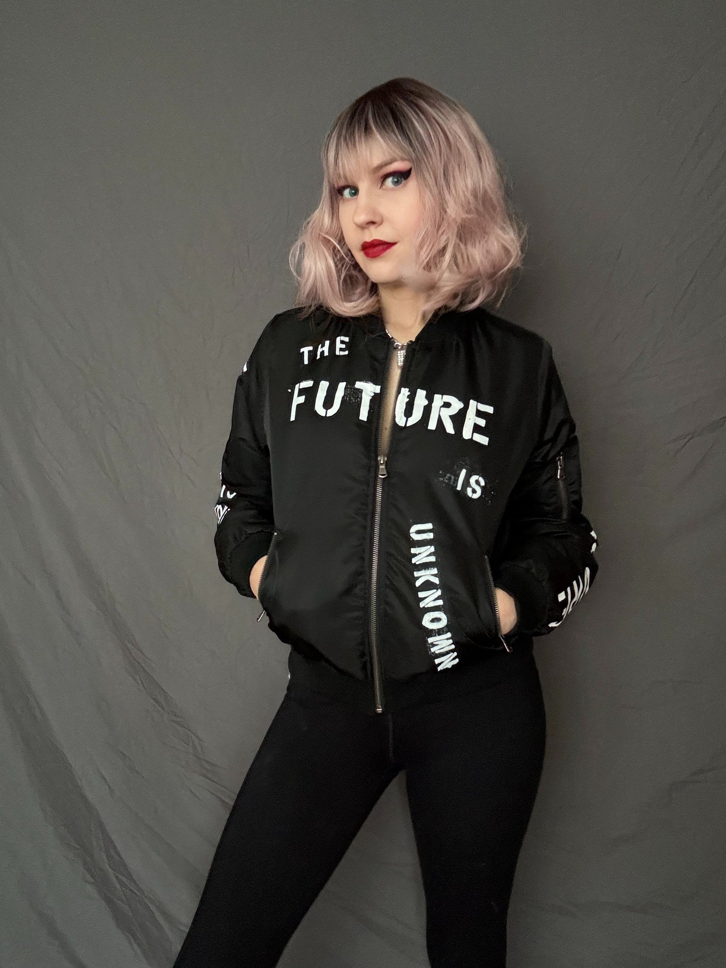 THE FUTURE IS UNKNOWN Womens Bomber Jacket, Small (Custom Order in any size)