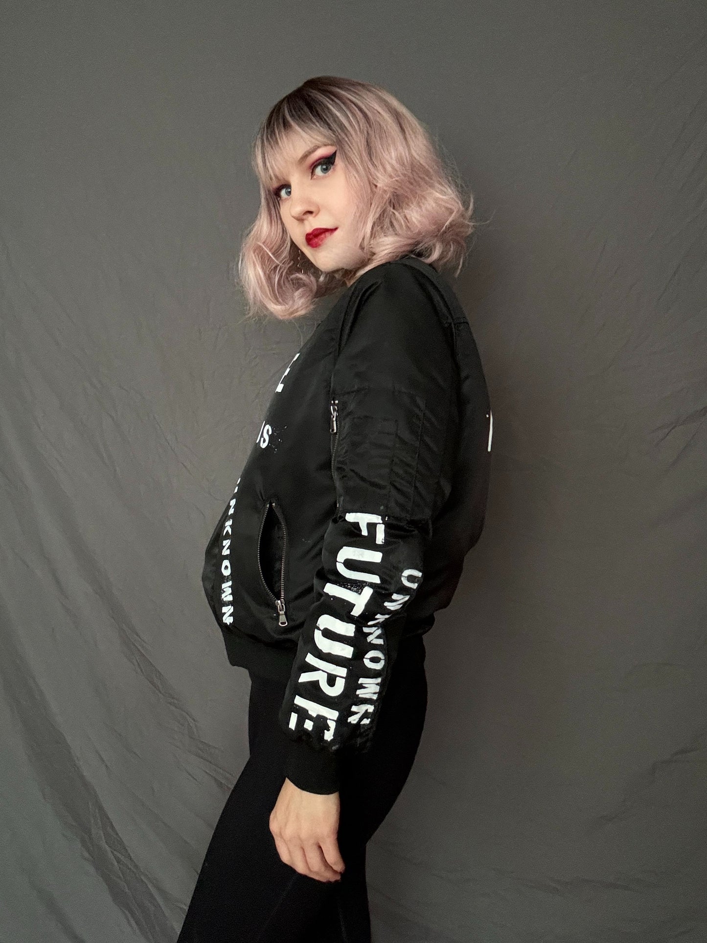 THE FUTURE IS UNKNOWN Womens Bomber Jacket, Small (Custom Order in any size)