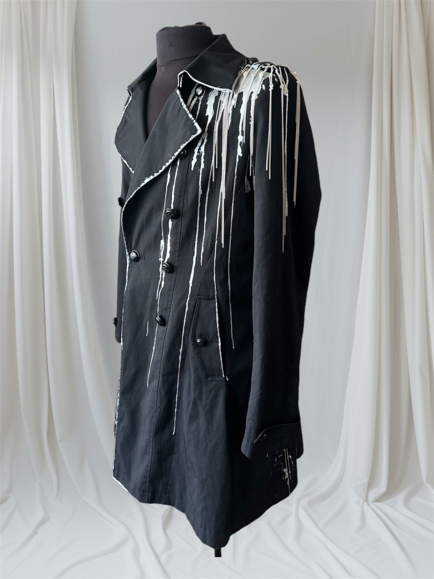 Mens Black & Silver Metallic Trench Coat with Chains