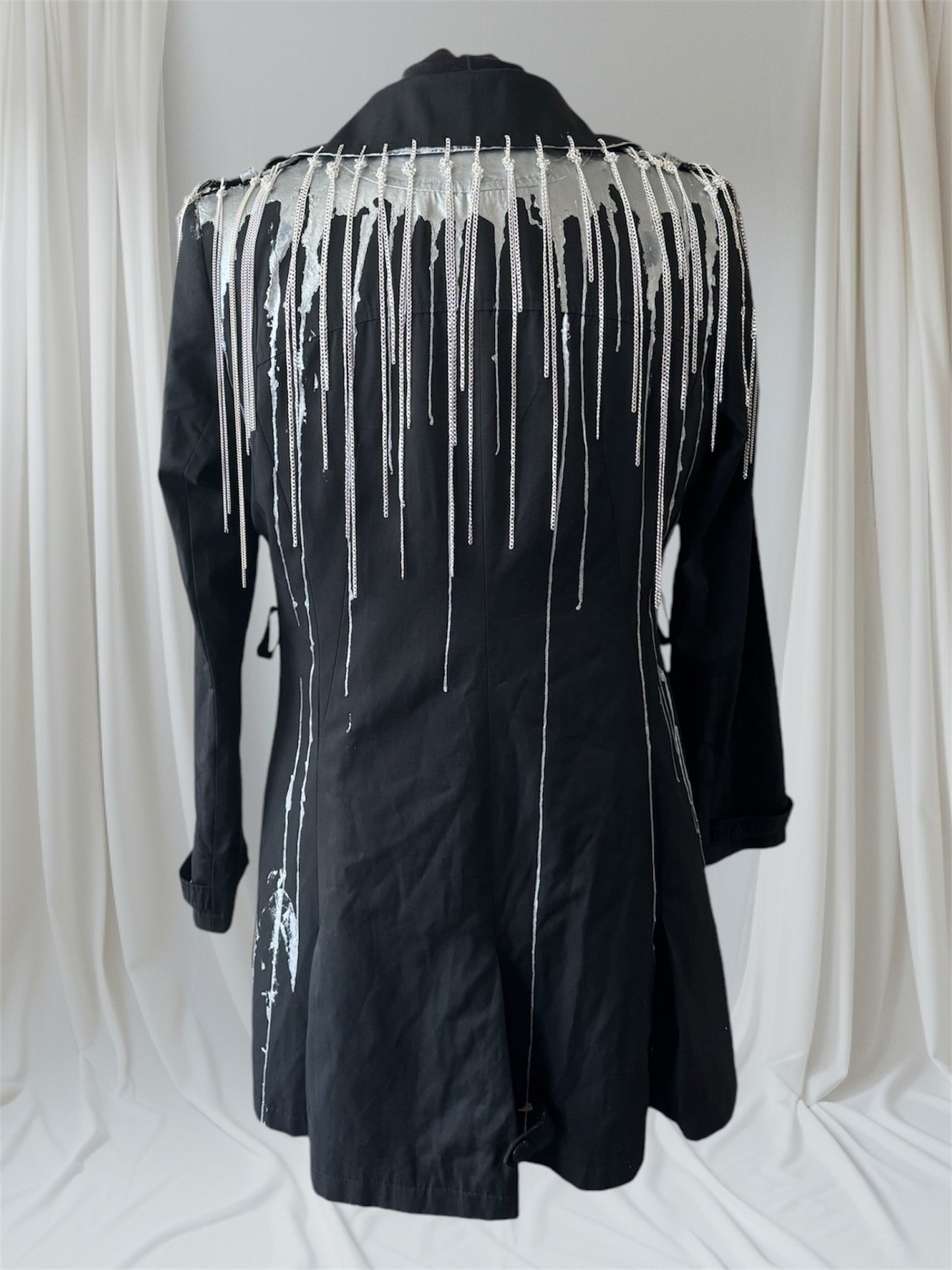 Mens Black & Silver Metallic Trench Coat with Chains