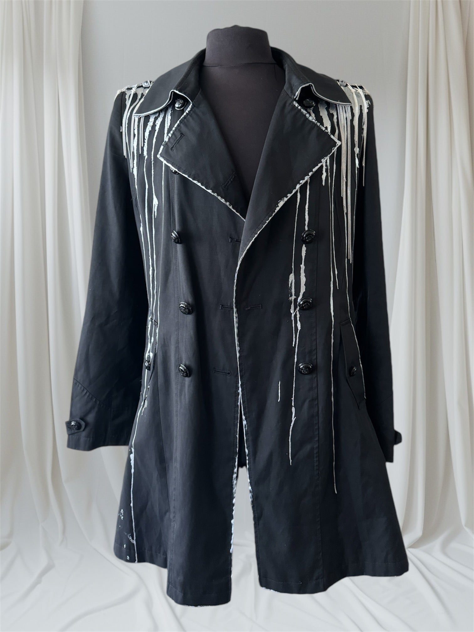 Mens Black & Silver Metallic Trench Coat with Chains