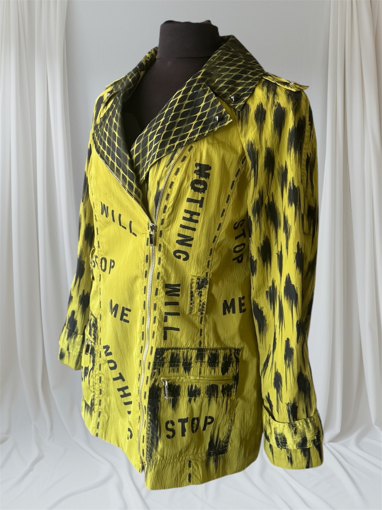 womens chartreuse upcycled punk trench coat