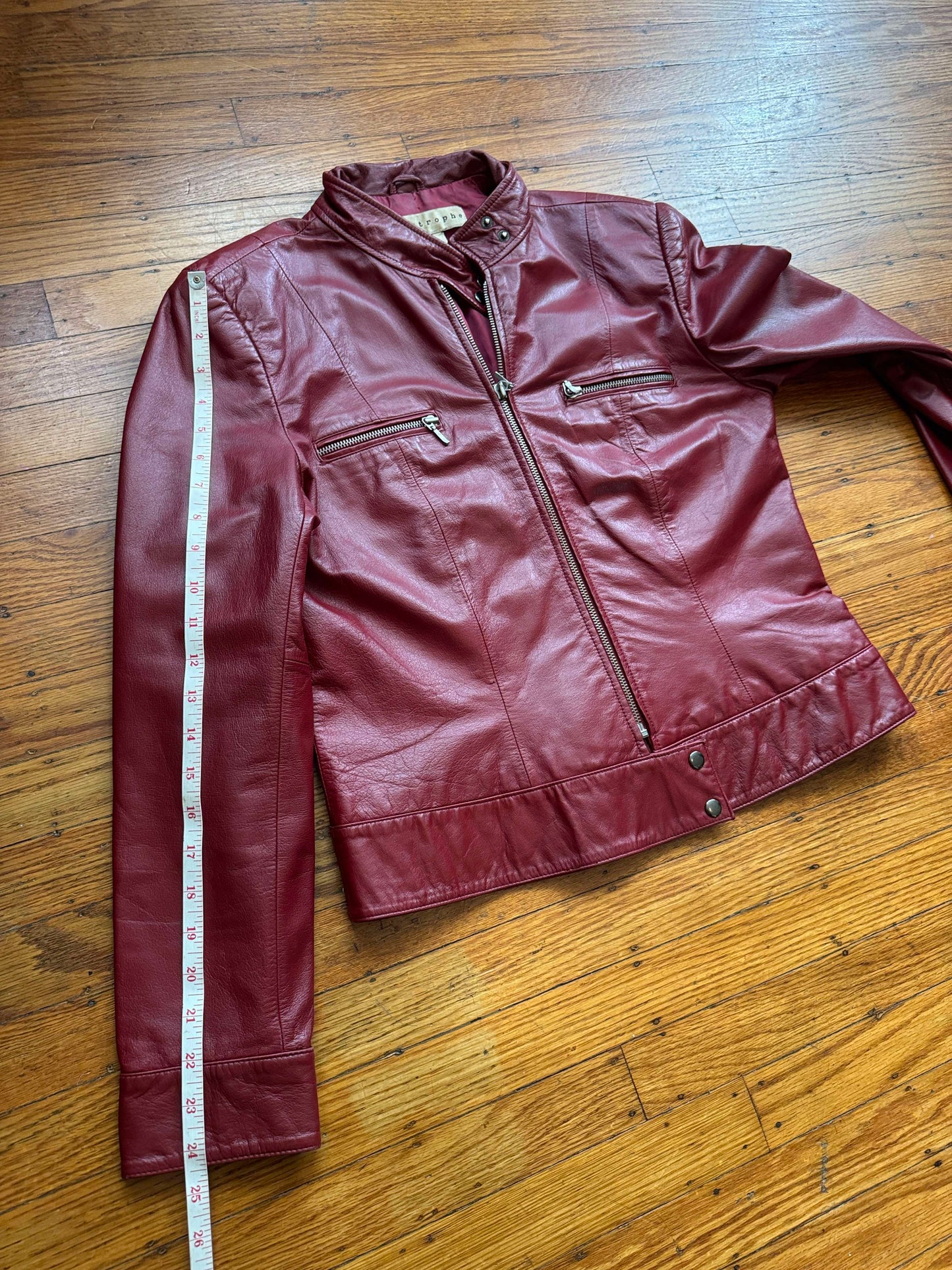 Womens's Dark Red Leather Vintage Cafe Racer Jacket, Size M