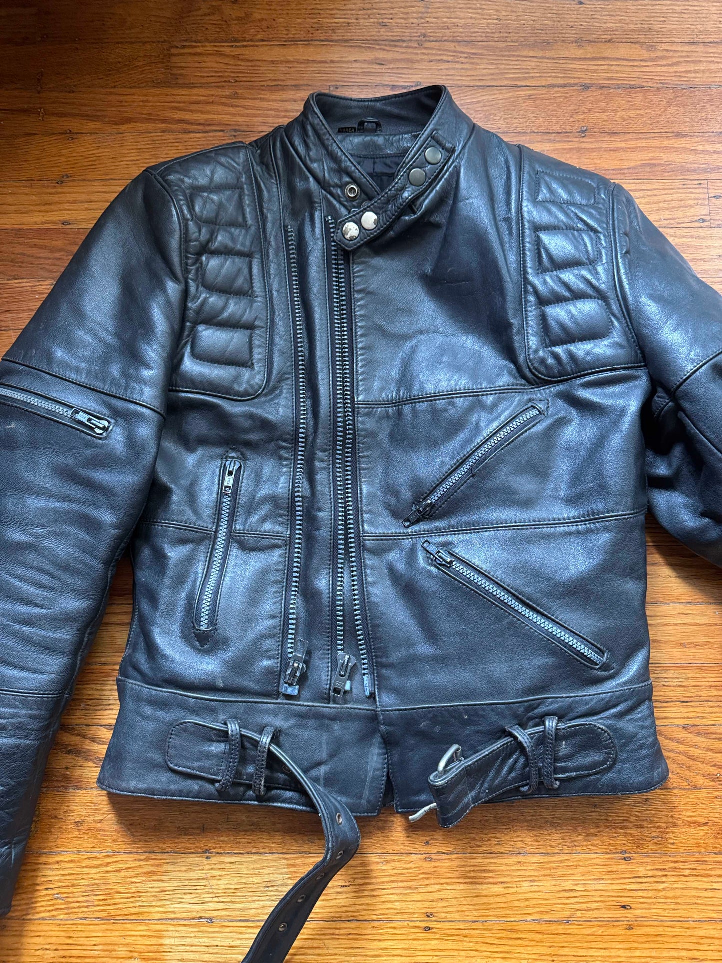 Men's Vintage Black Leather Motorcycle Jacket, 38/ S