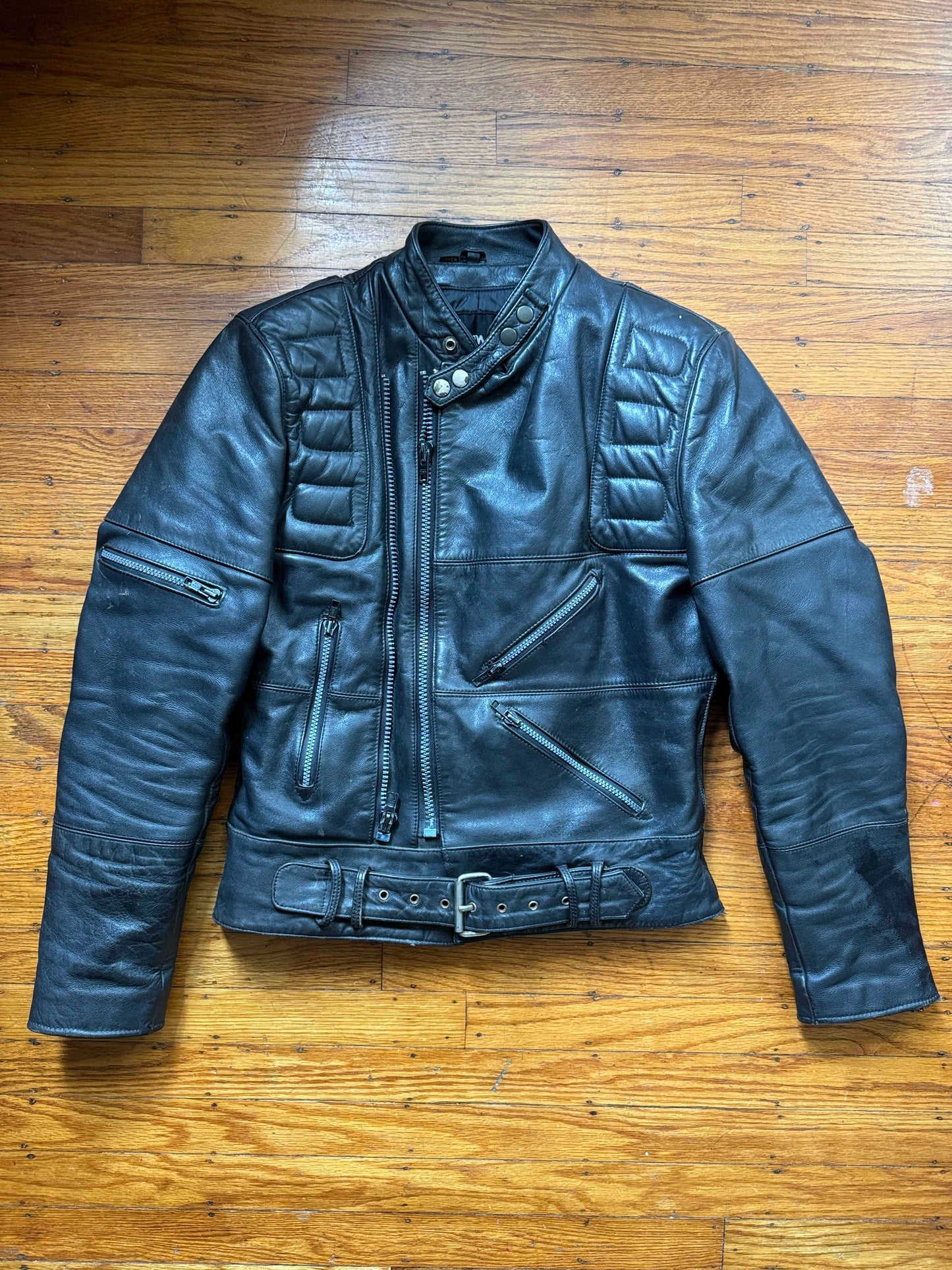 Men's Vintage Black Leather Motorcycle Jacket, 38/ S