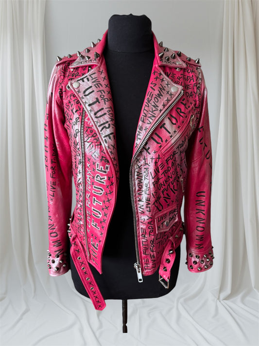 THE FUTURE IS UNKNOWN/ LIVE FOR TODAY Pink Leather Jacket, Small