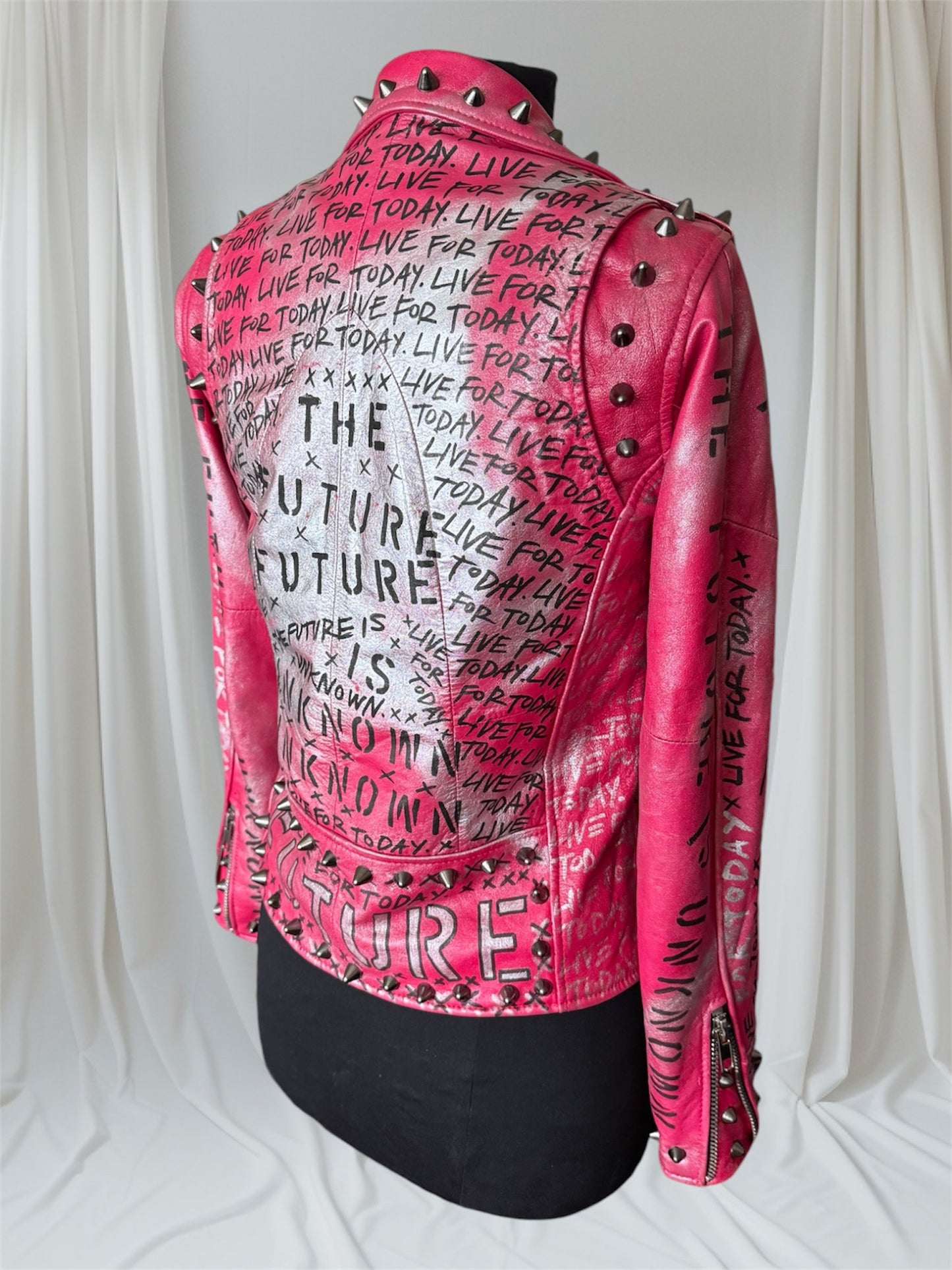 THE FUTURE IS UNKNOWN/ LIVE FOR TODAY Pink Leather Jacket, Small