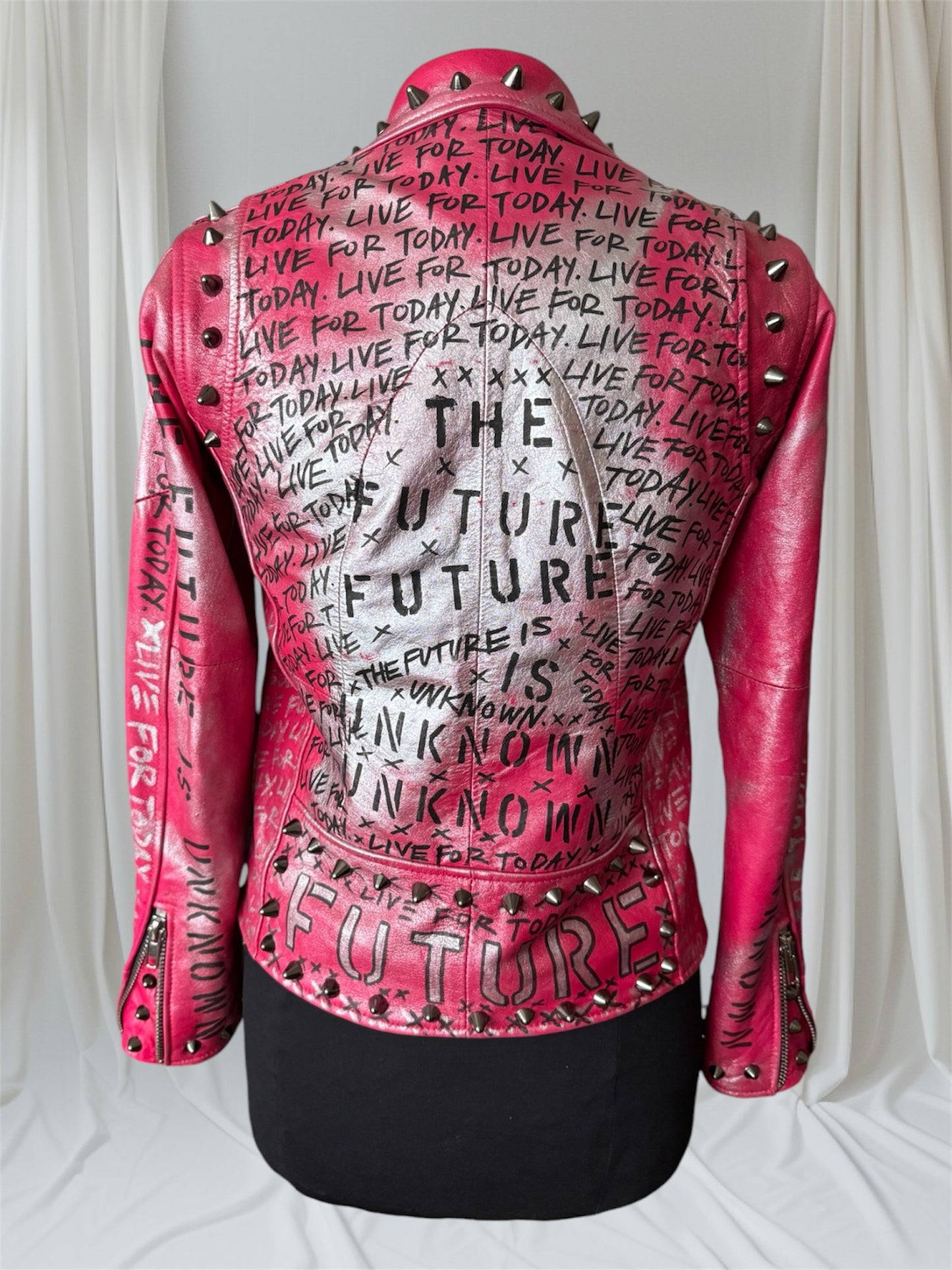 THE FUTURE IS UNKNOWN/ LIVE FOR TODAY Pink Leather Jacket, Small