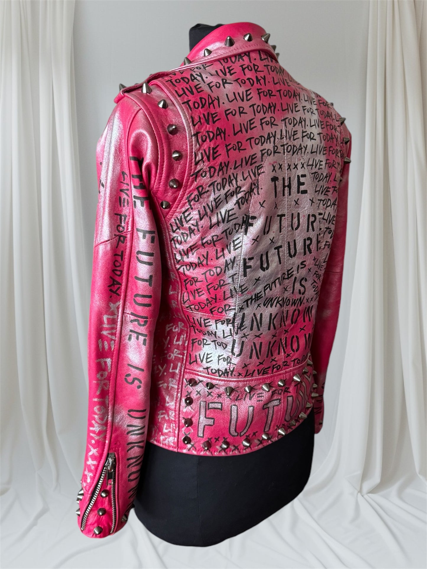 THE FUTURE IS UNKNOWN/ LIVE FOR TODAY Pink Leather Jacket, Small