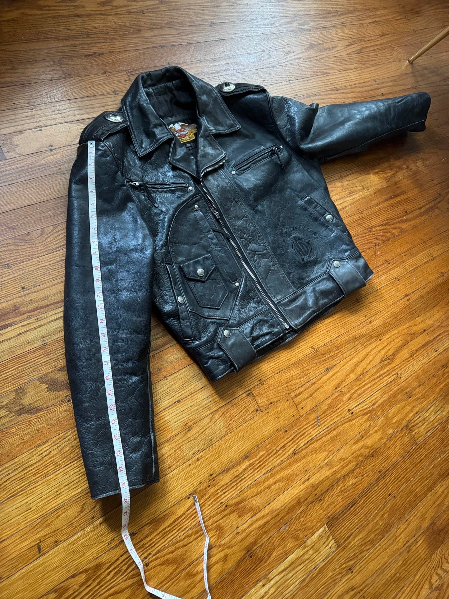 Men's Vintage Black Leather Motorcycle Jacket, M