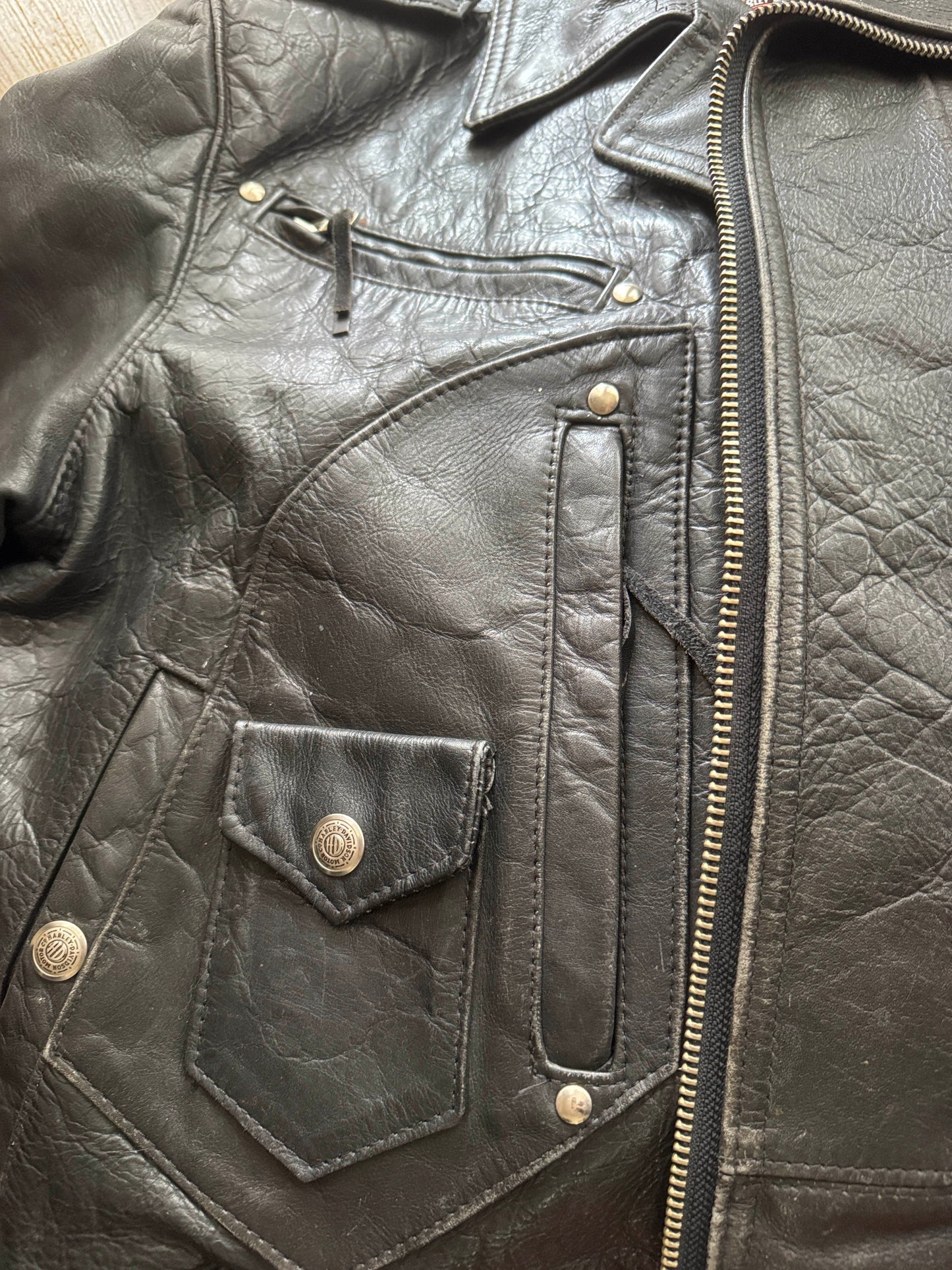 Men's Vintage Black Leather Motorcycle Jacket, M