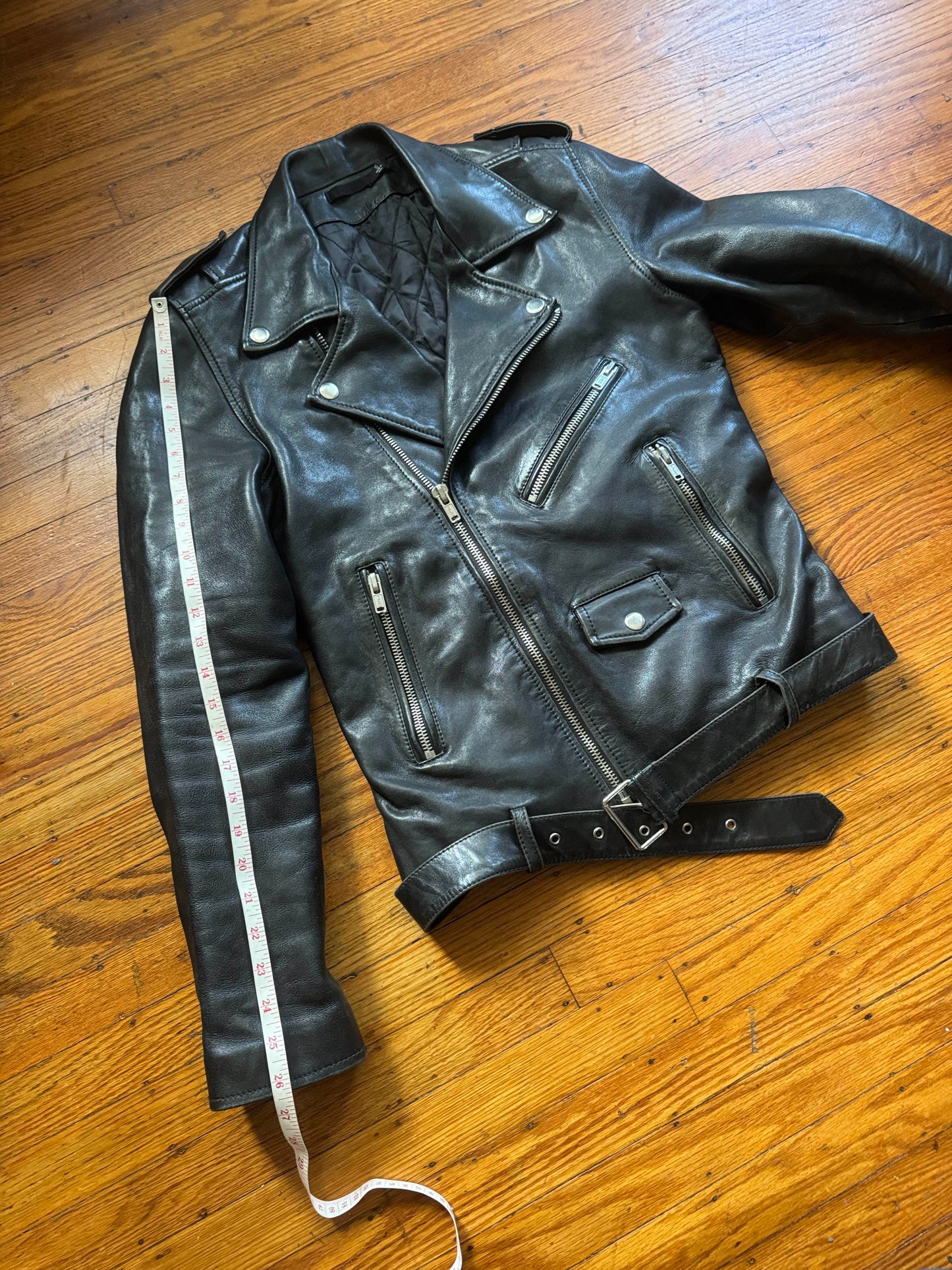 Men's Vintage High-Quality Black Leather Motorcycle Jacket, S