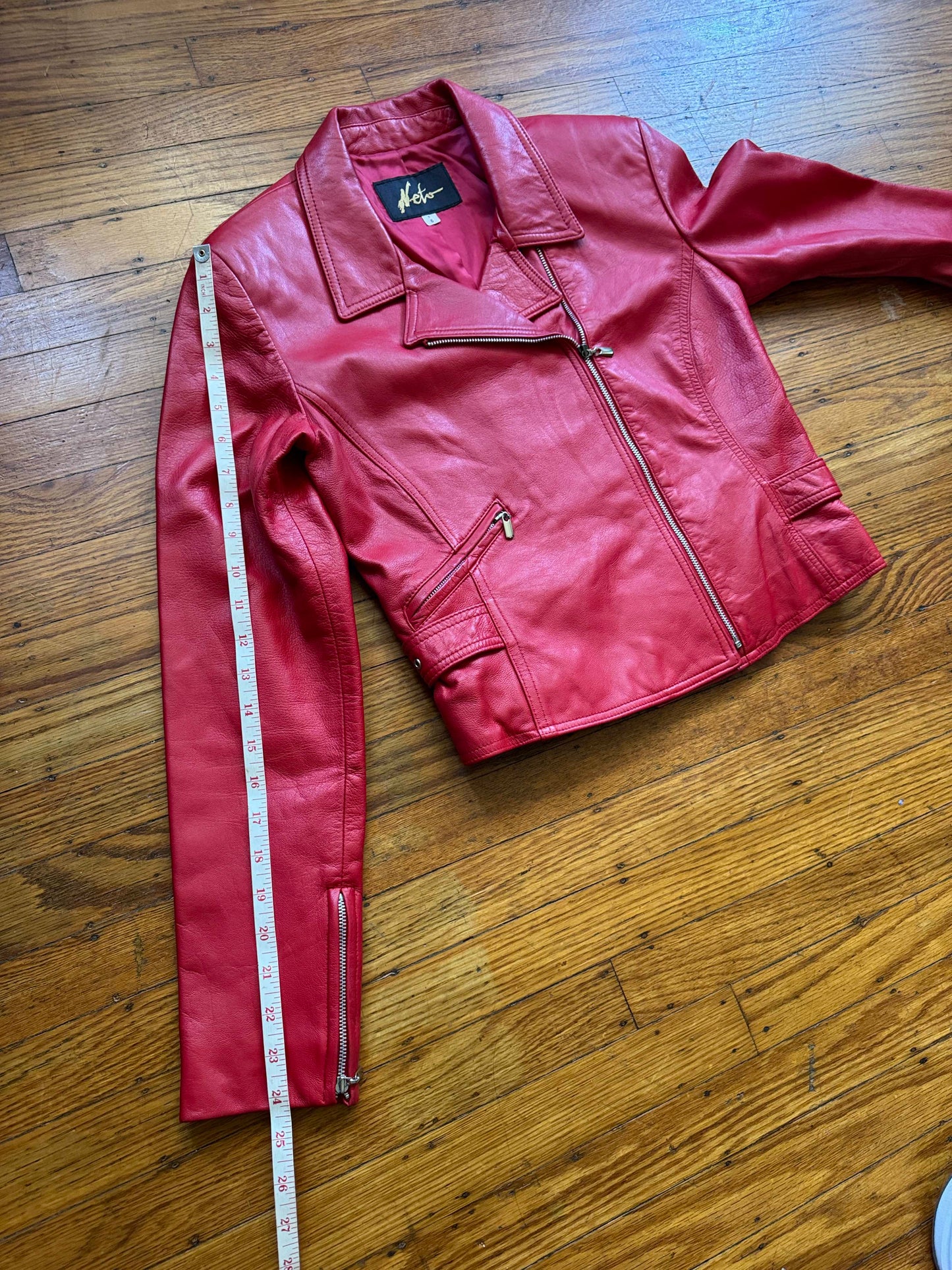 Red Leather Women's Motorcycle Jacket, Size S