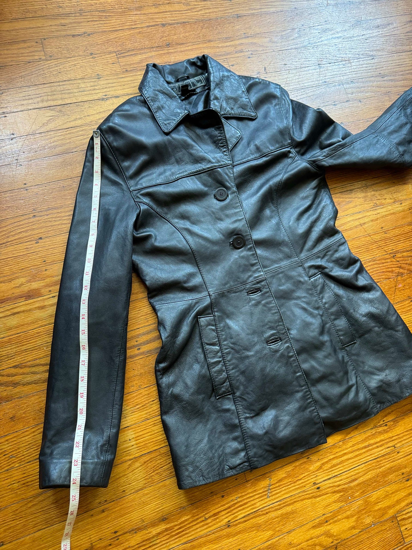 Black Leather Women's Y2K Vintage Trench, Size M
