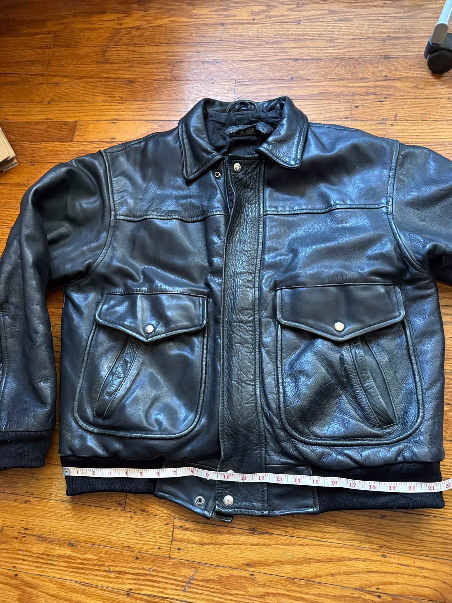 Vintage Men's Black Leather Bomber Jacket, XL, 46