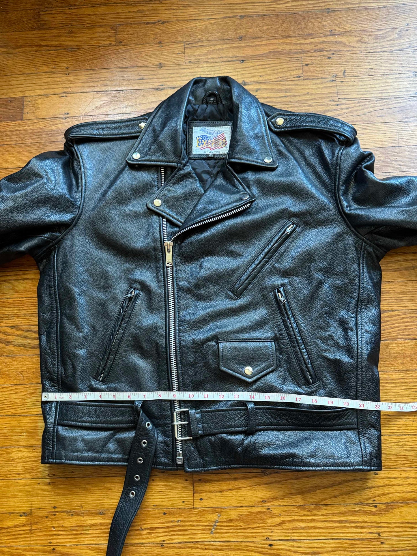 Men's Vintage Black Leather Motorcycle Jacket, 42, L