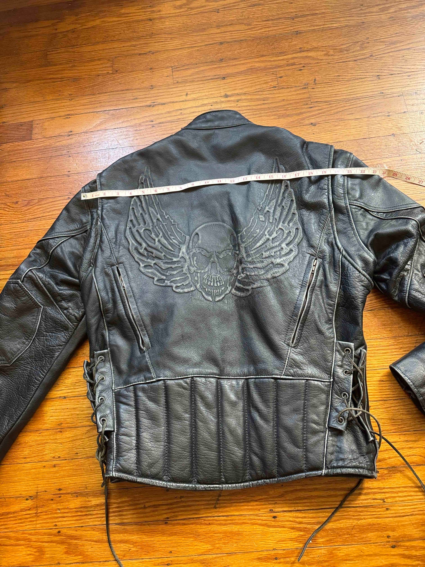 Men's Vintage Black Leather Cafe Racer Jacket, M with Skull back