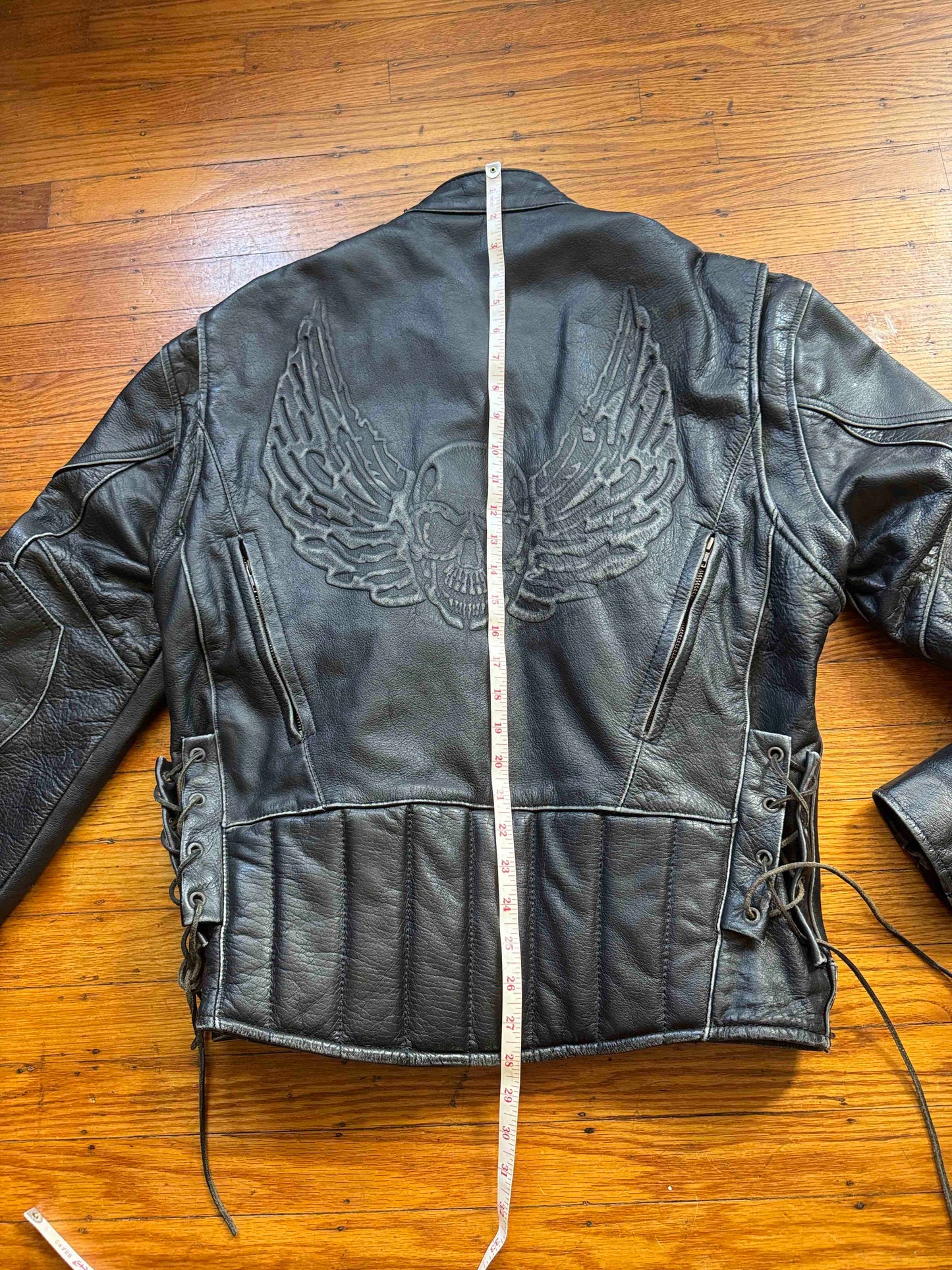 Men's Vintage Black Leather Cafe Racer Jacket, M with Skull back