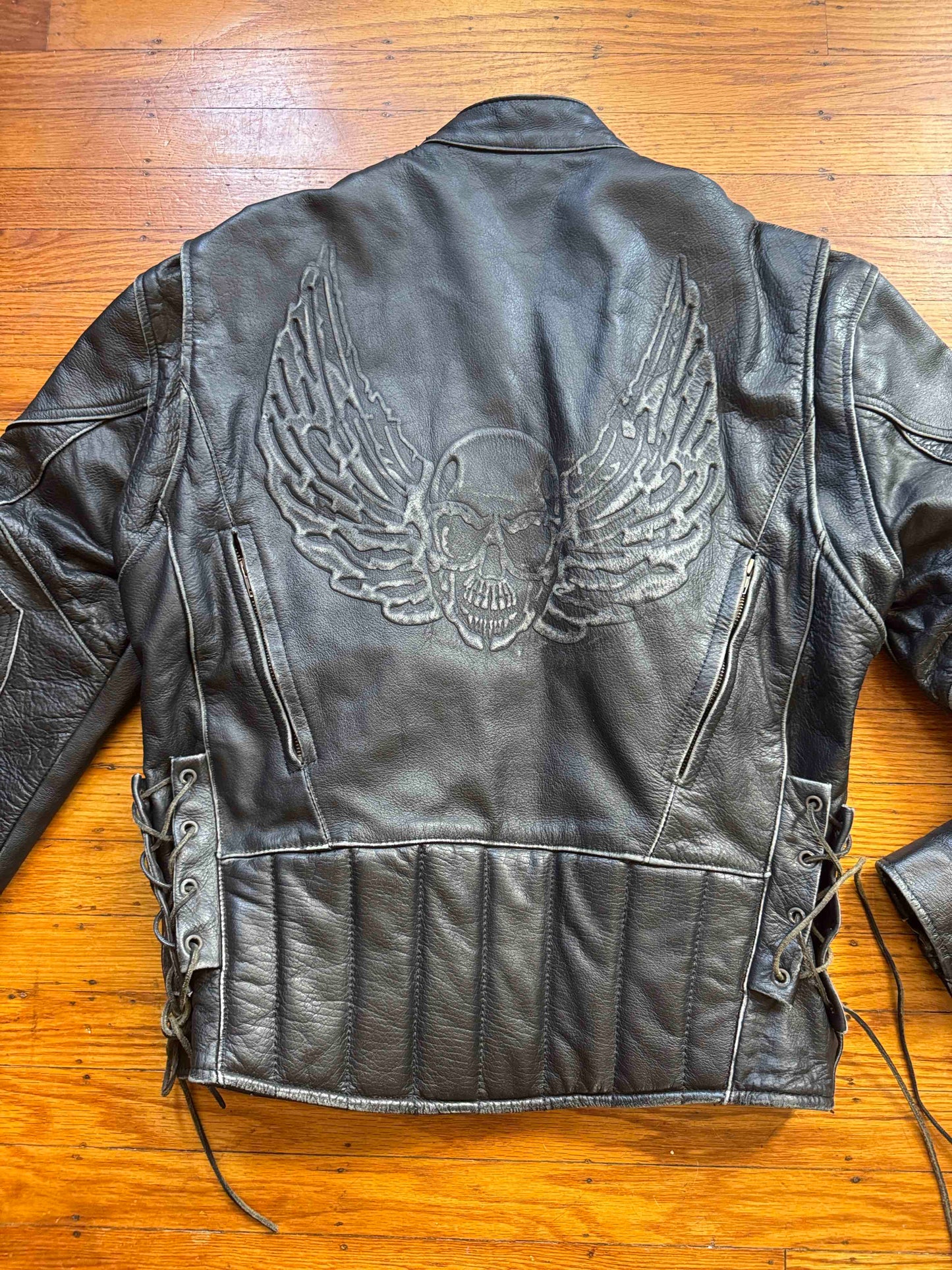Men's Vintage Black Leather Cafe Racer Jacket, M with Skull back