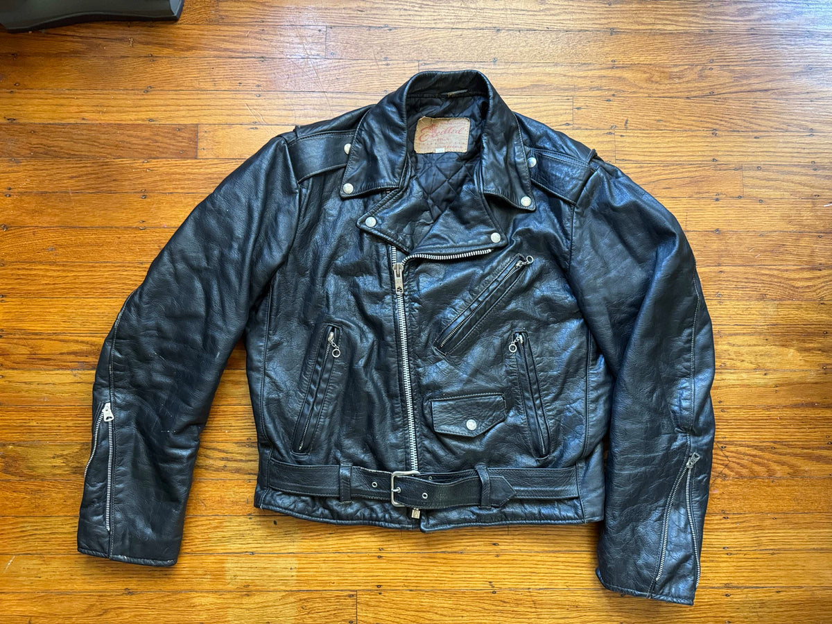 Men's Vintage Black Leather Motorcycle Jacket, M 40