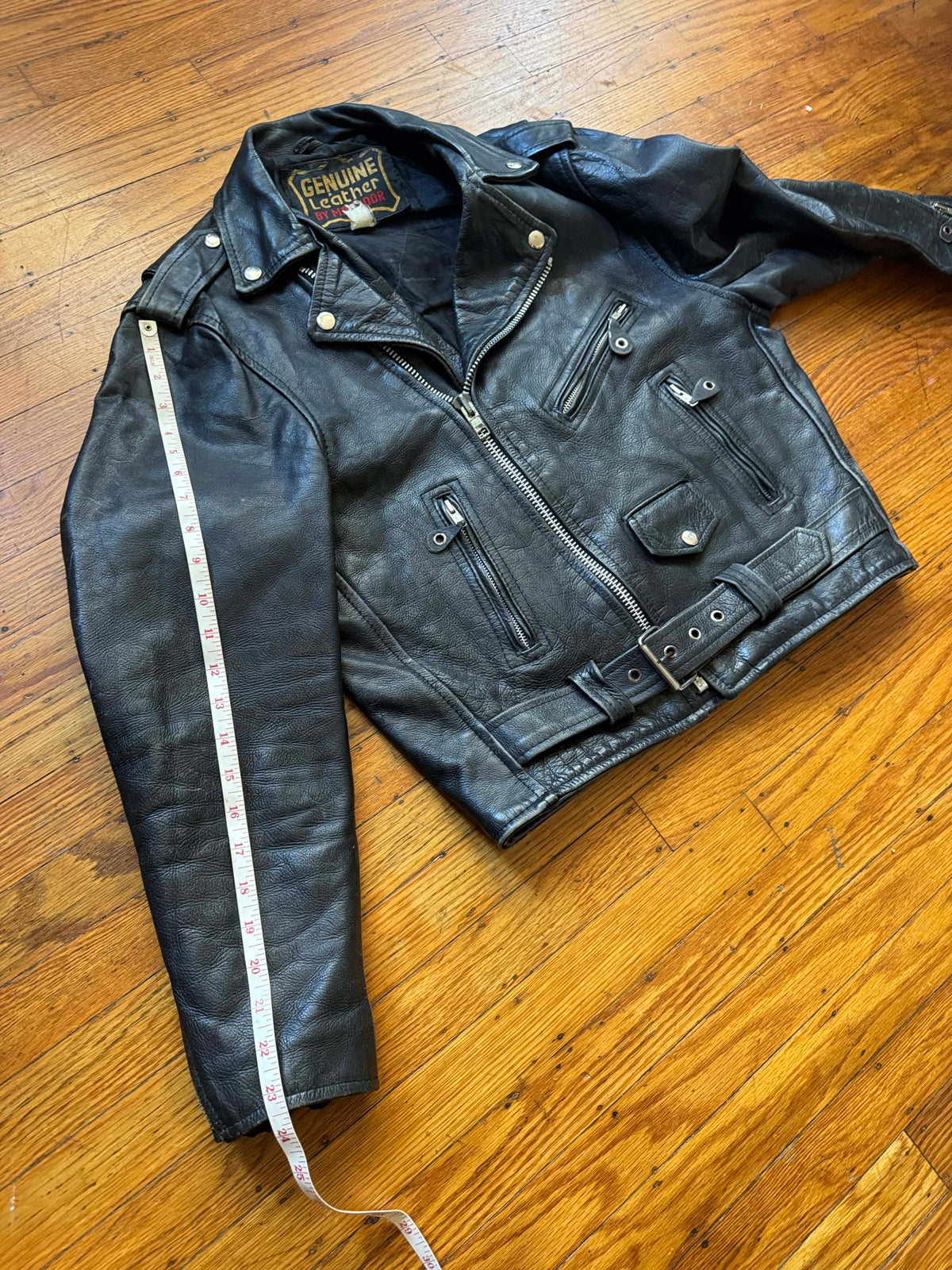 Men's Vintage Black Leather Motorcycle Jacket, M/ 38