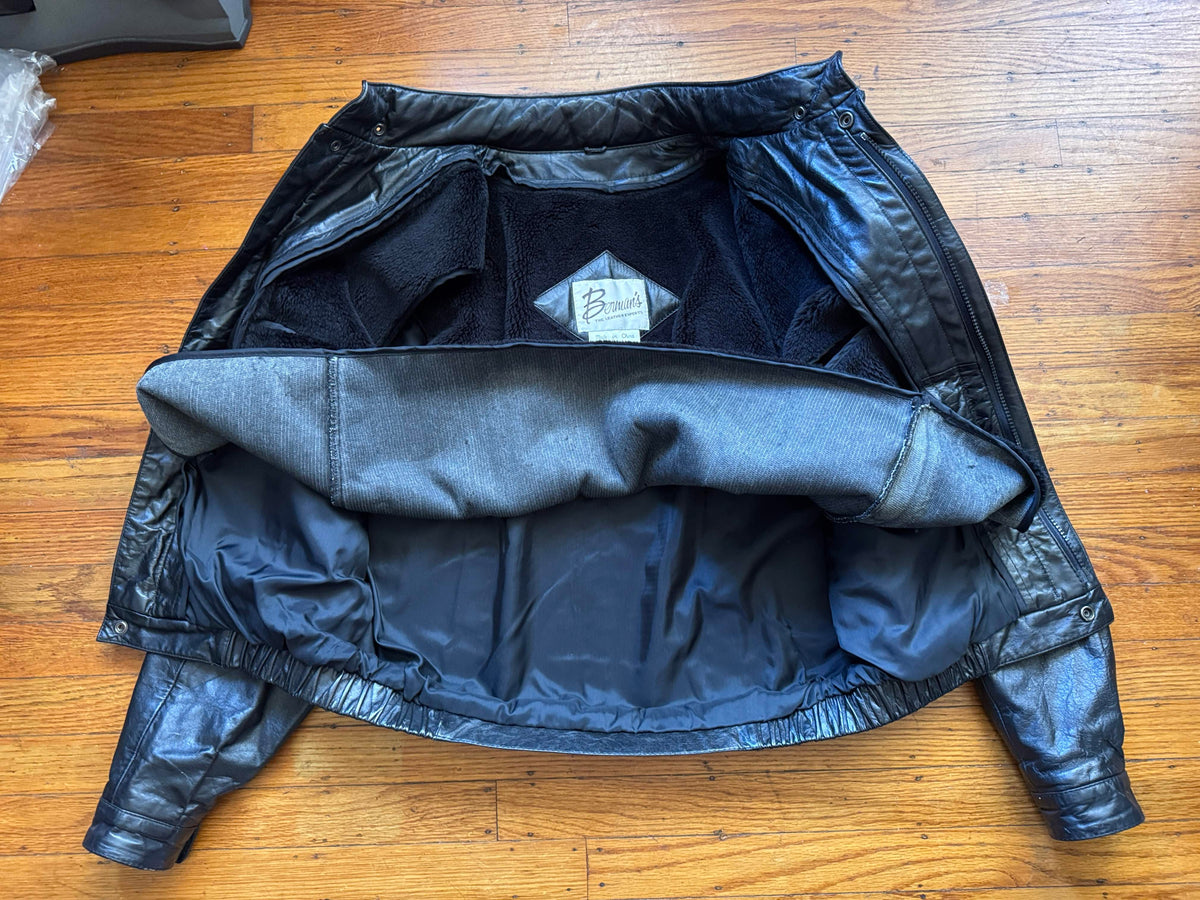 Men's 1970's Black Vintage Leather Bomber Jacket, 38 / M