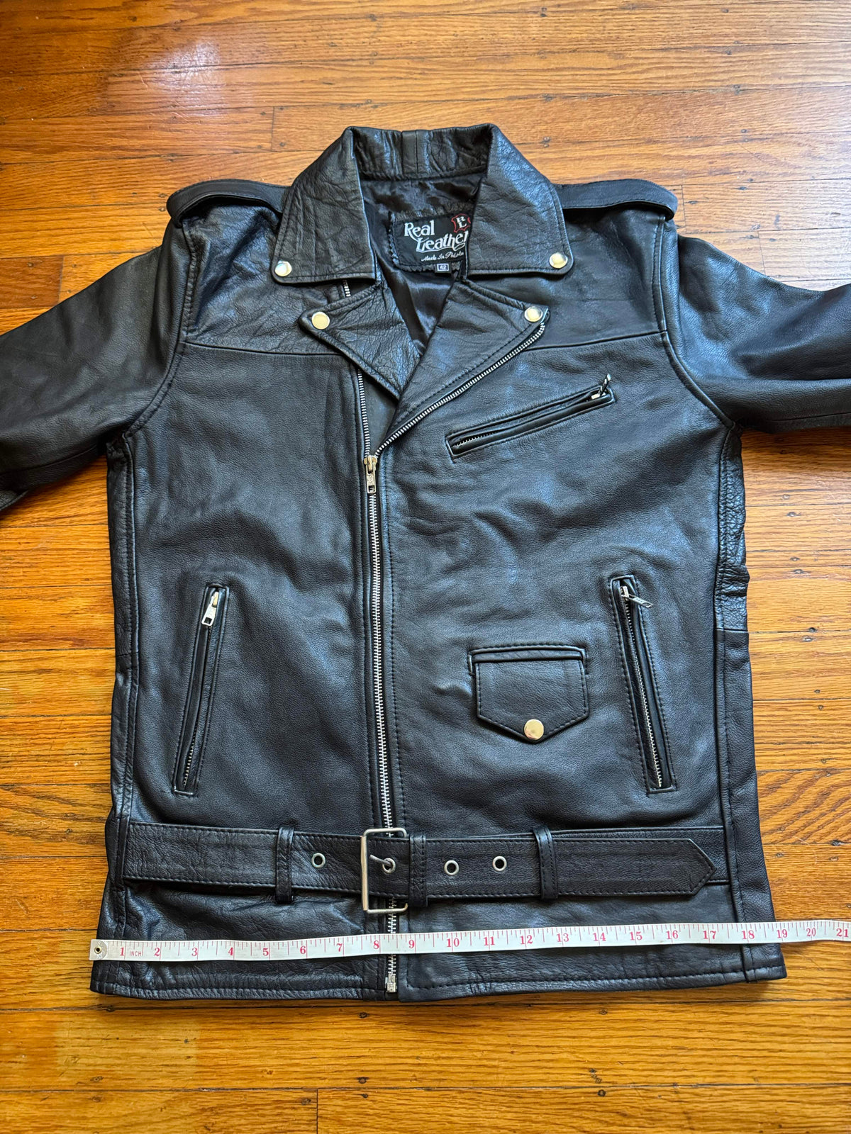 Men's Vintage Black Leather Motorcycle Jacket, M 42 (Slim)