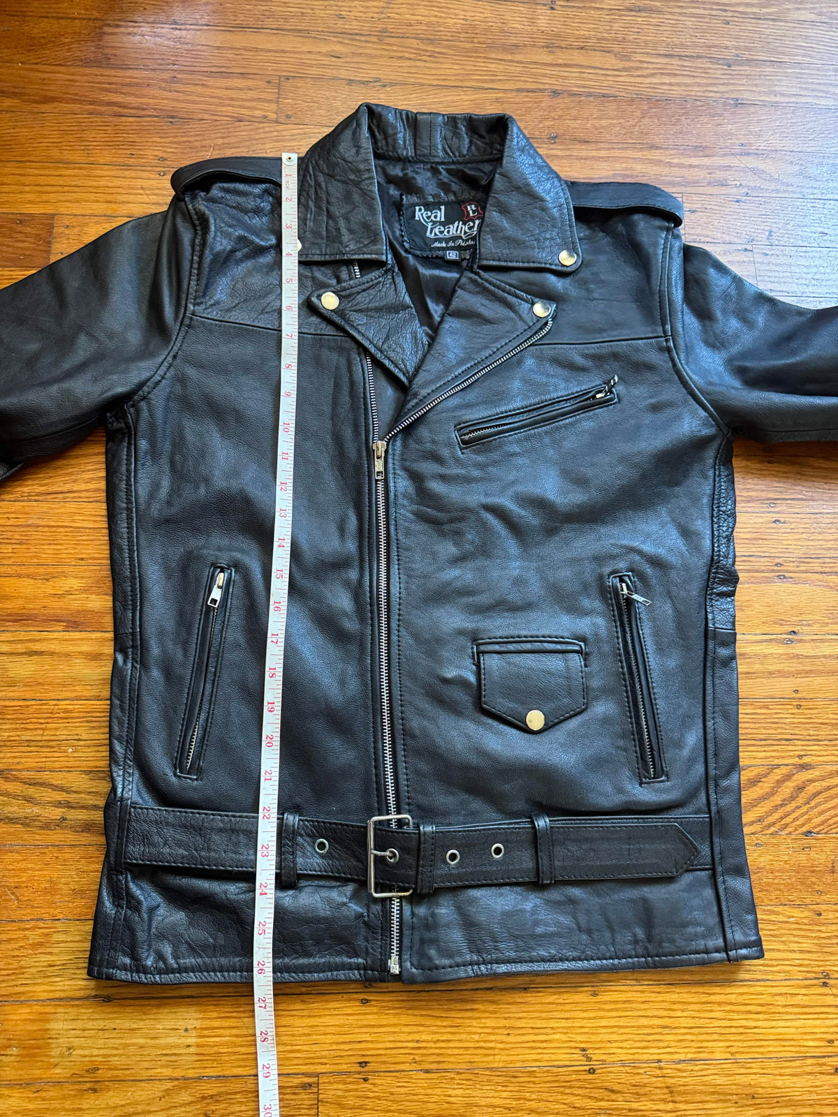 Men's Vintage Black Leather Motorcycle Jacket, M 42 (Slim)