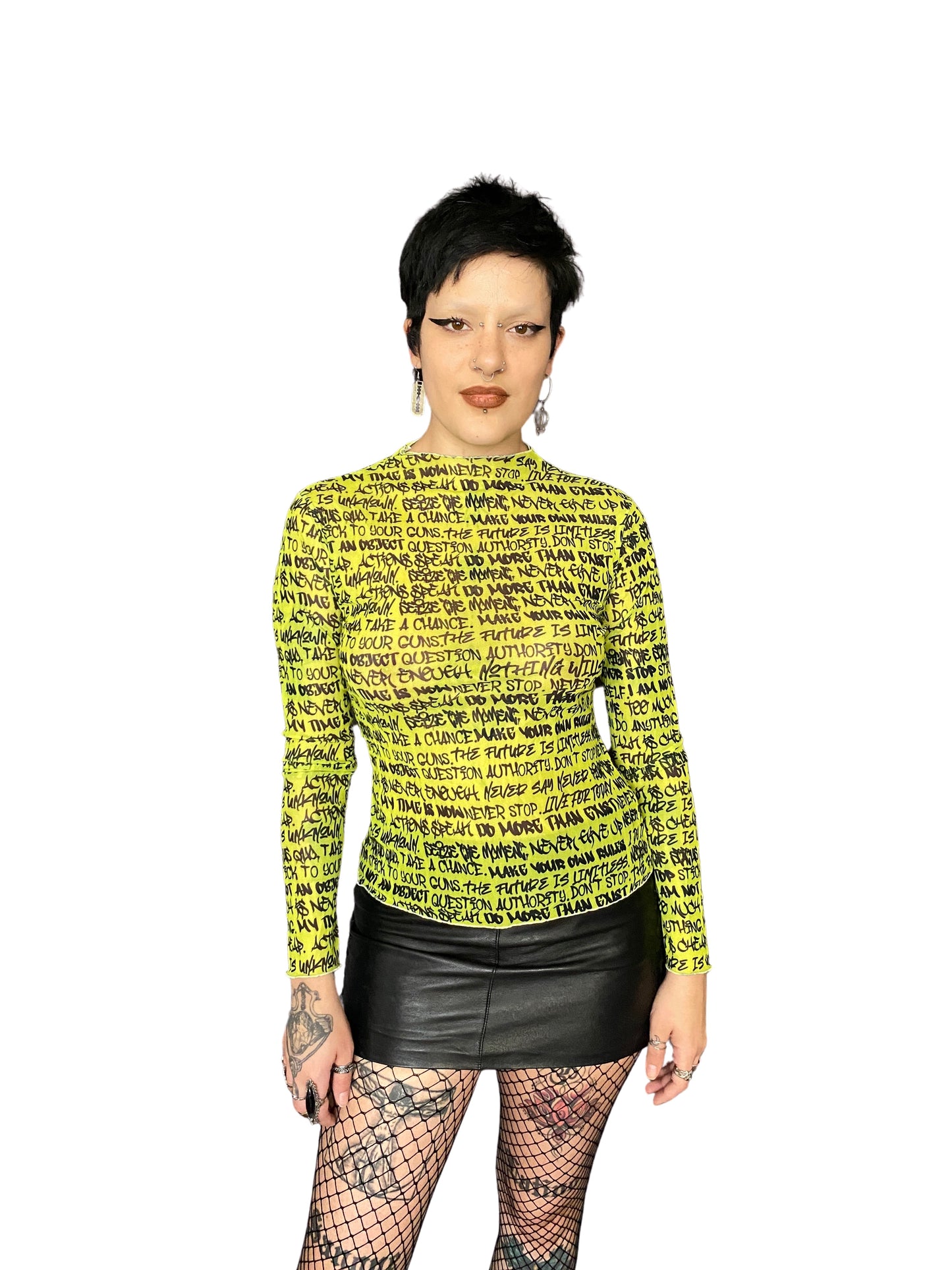 Neon Chartreuse Empowering Graffiti Mesh Top