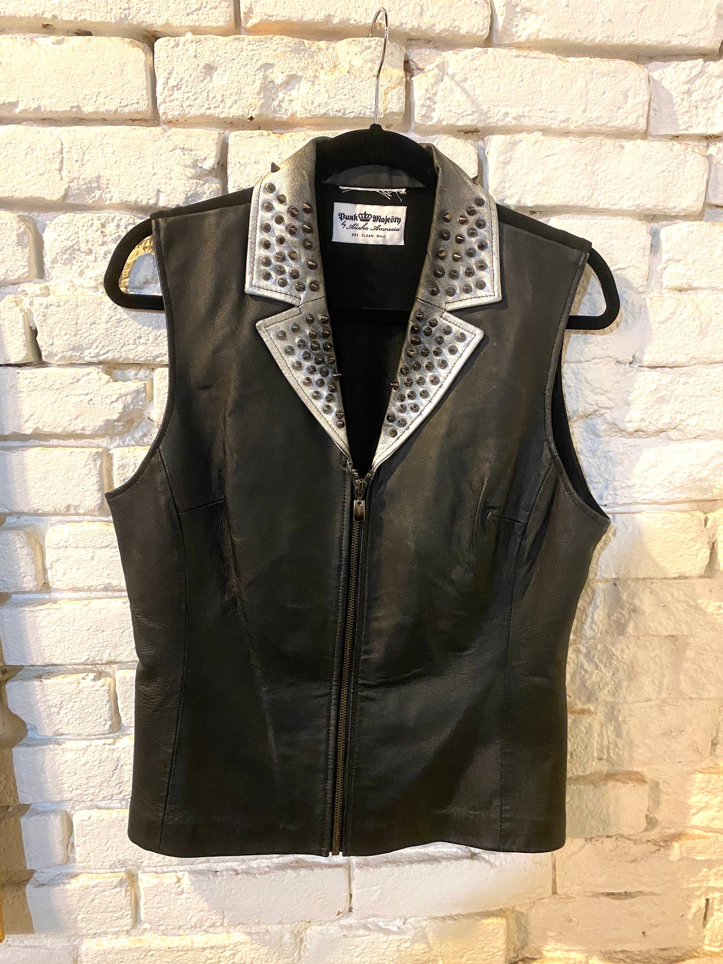 Black Leather Spiked Vest, Upcycled Womens L