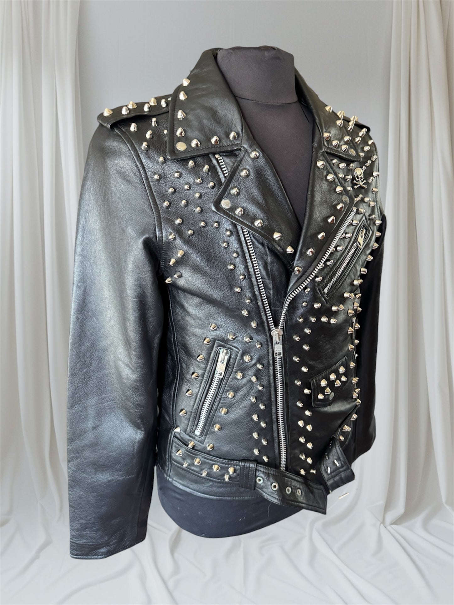 Studded Lambskin Leather Studded Motorcycle Jacket, L (Slim Fit)
