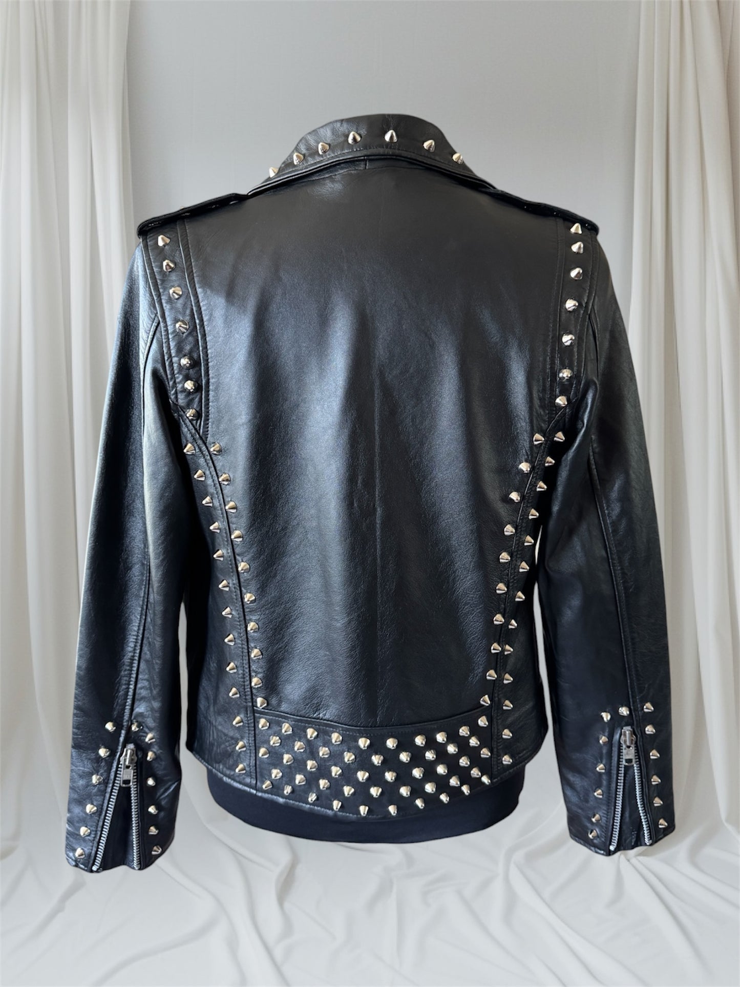 Studded Lambskin Leather Studded Motorcycle Jacket, L (Slim Fit)