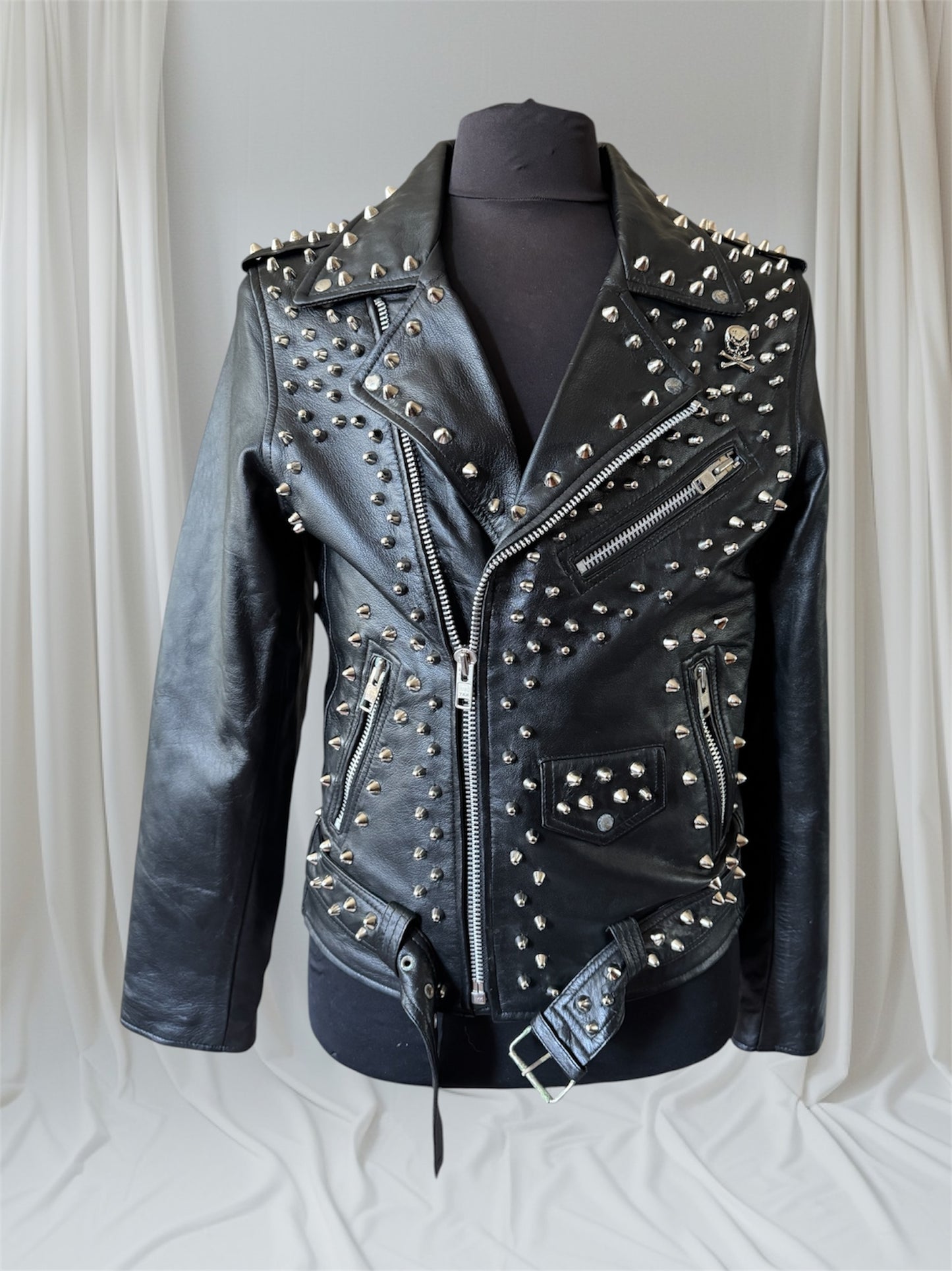 Studded Lambskin Leather Studded Motorcycle Jacket, L (Slim Fit)