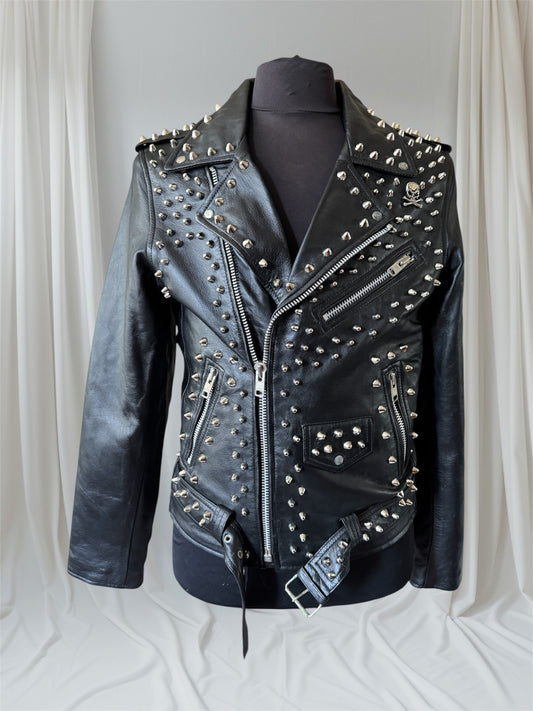 Studded Lambskin Leather Studded Motorcycle Jacket, L (Slim Fit)