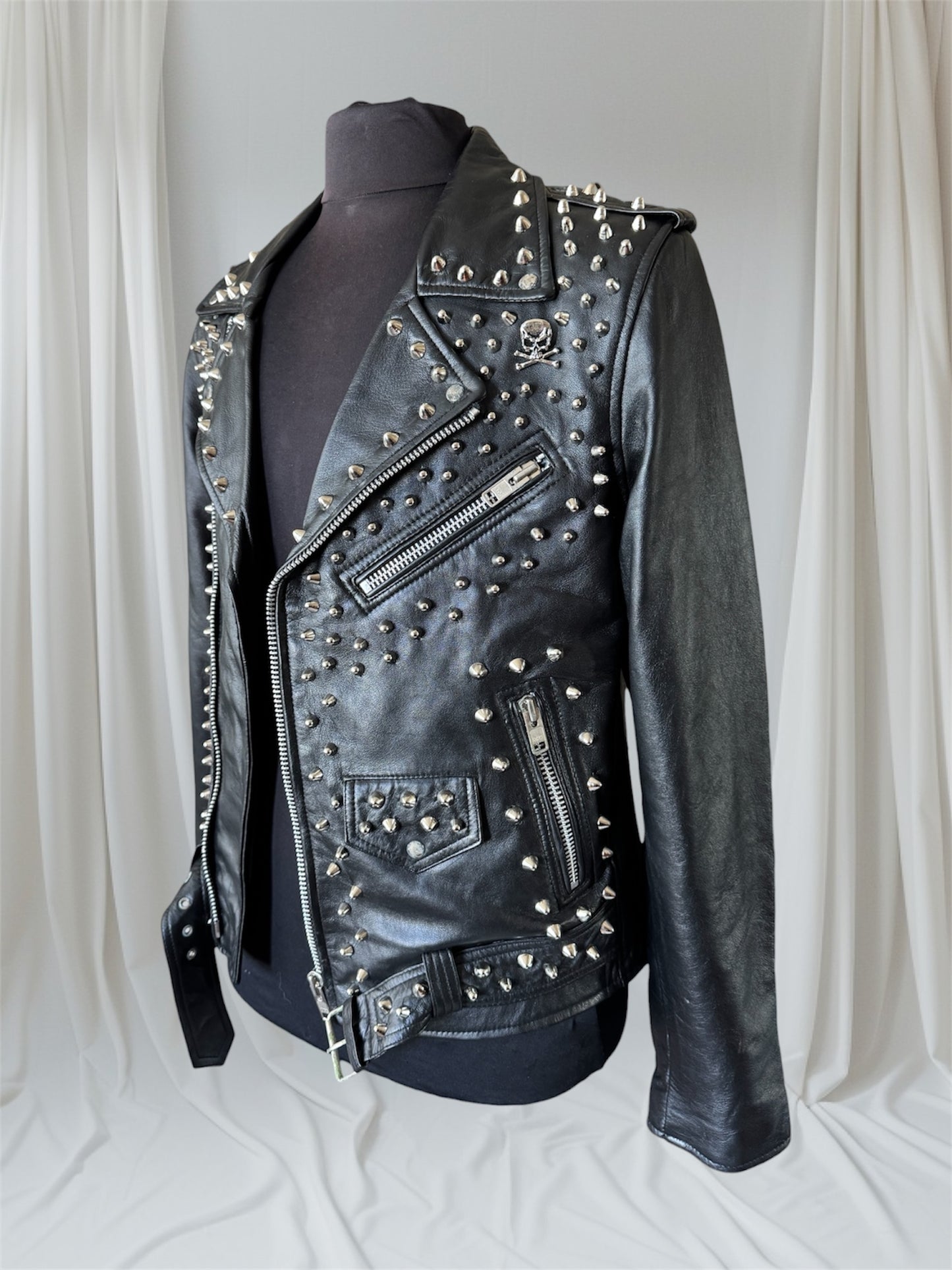 Studded Lambskin Leather Studded Motorcycle Jacket, L (Slim Fit)