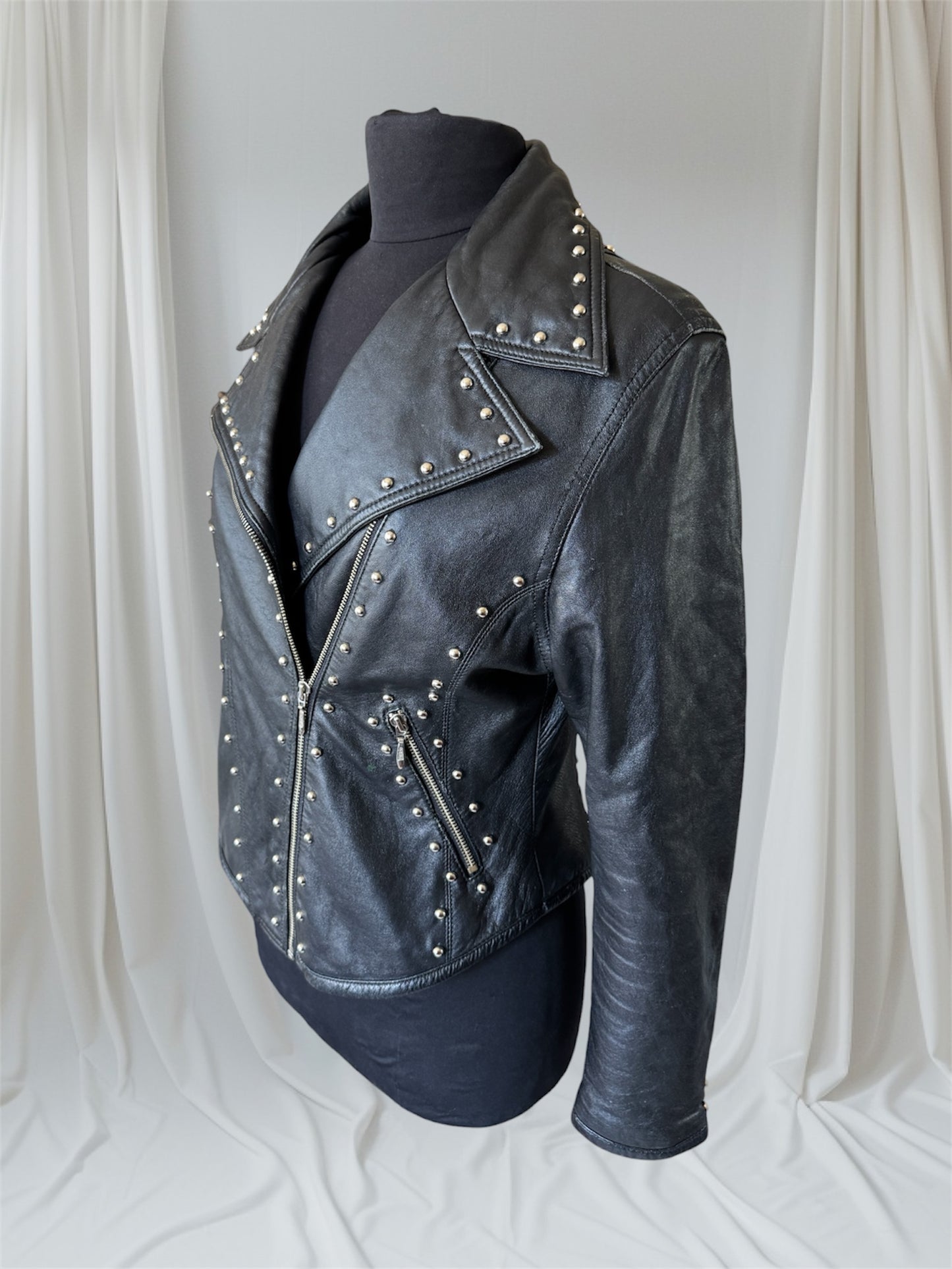 Women's Studded Vintage Leather Motorcycle Jacket, M