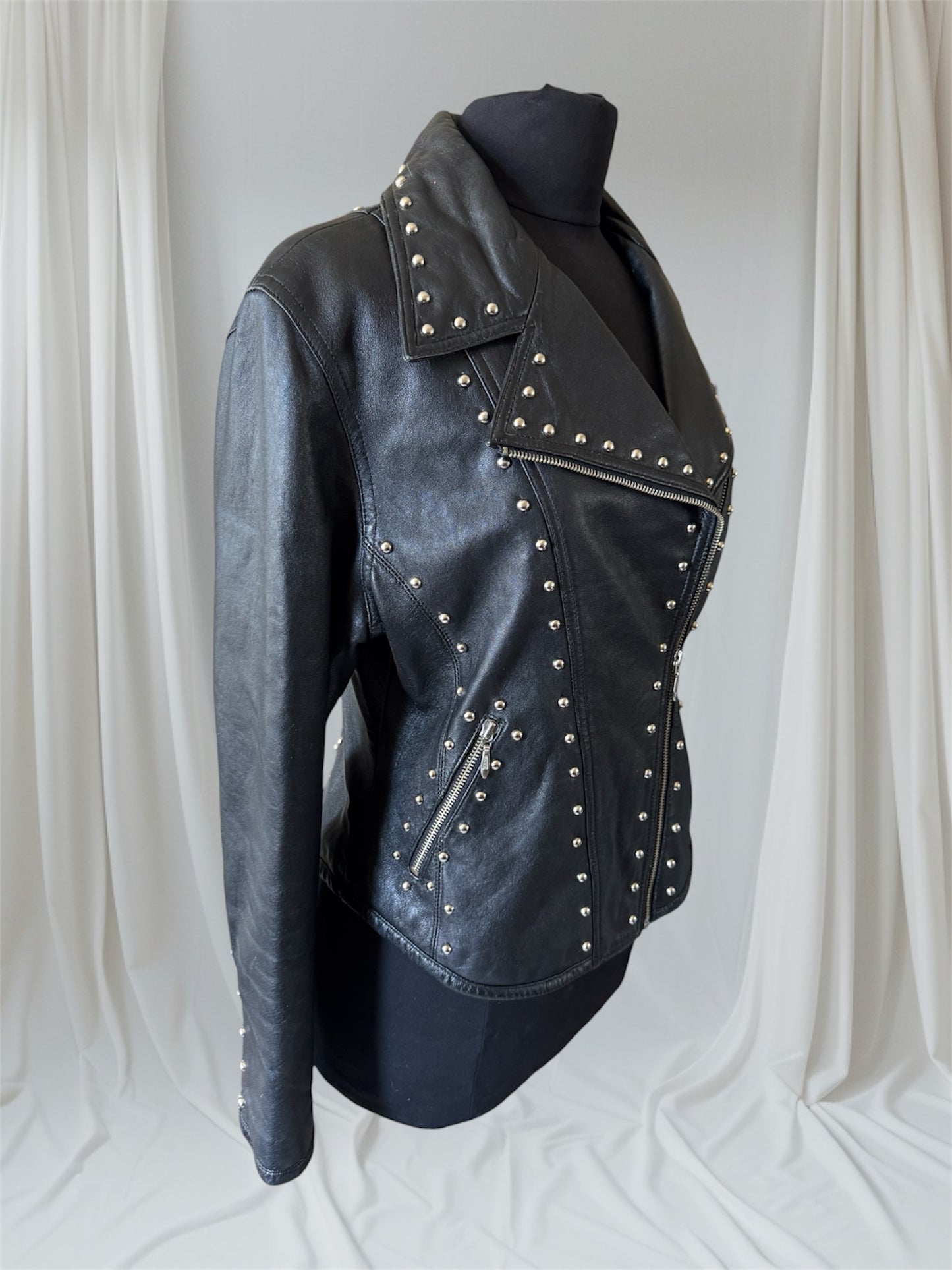 Women's Studded Vintage Leather Motorcycle Jacket, M