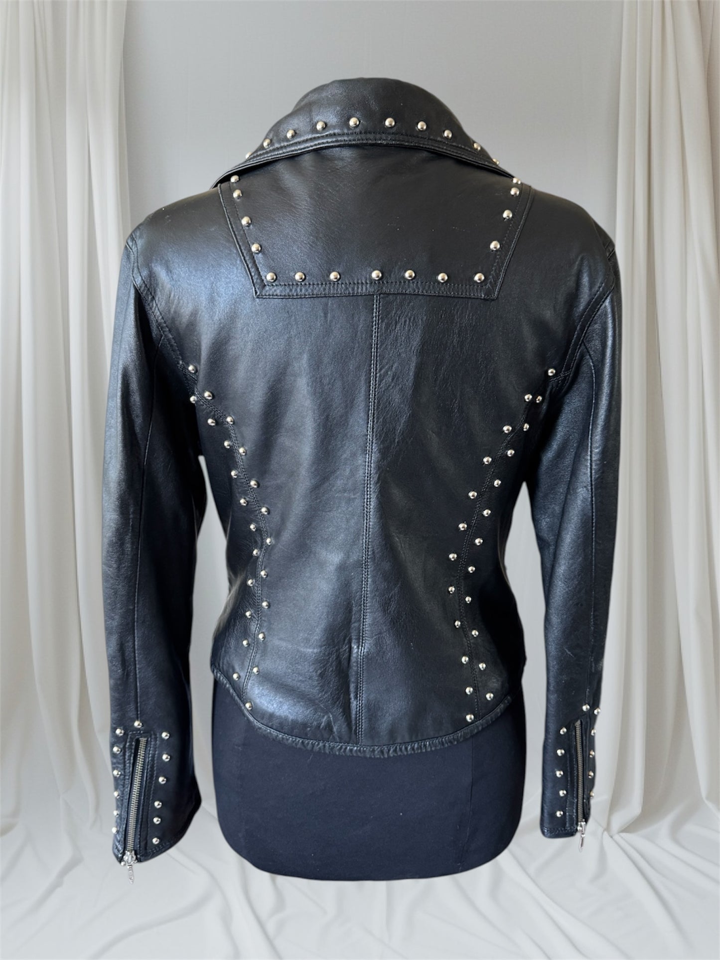 Women's Studded Vintage Leather Motorcycle Jacket, M