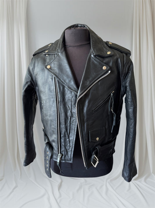 Men's Vintage Black Leather Motorcycle Jacket, 40, M