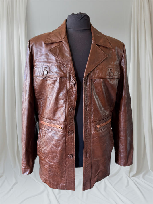 Men's 1970's Brown Vintage Leather Jacket, Large, M 40