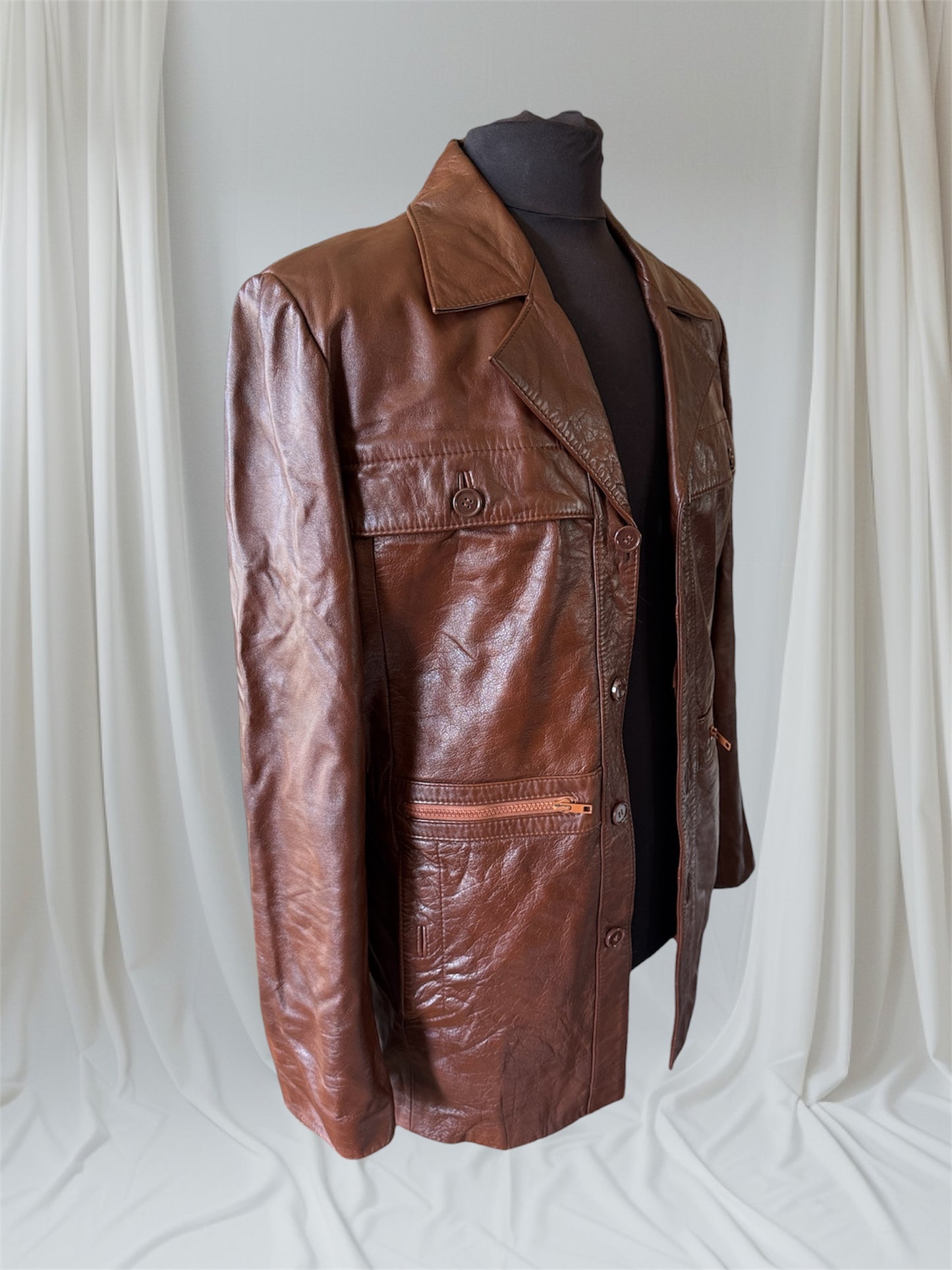 Men's 1970's Brown Vintage Leather Jacket, Large, M 40