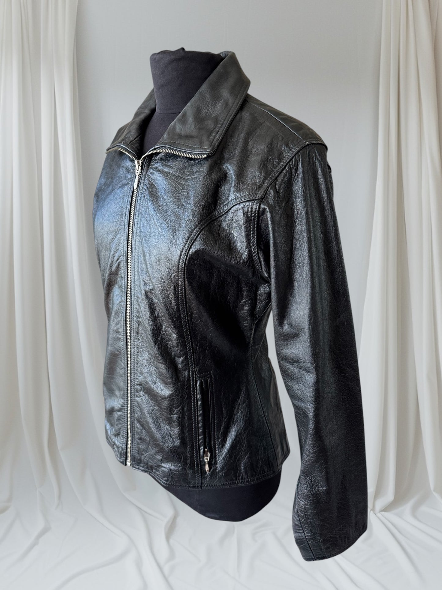 Black Leather Women's Y2K Vintage Jacket, Size M