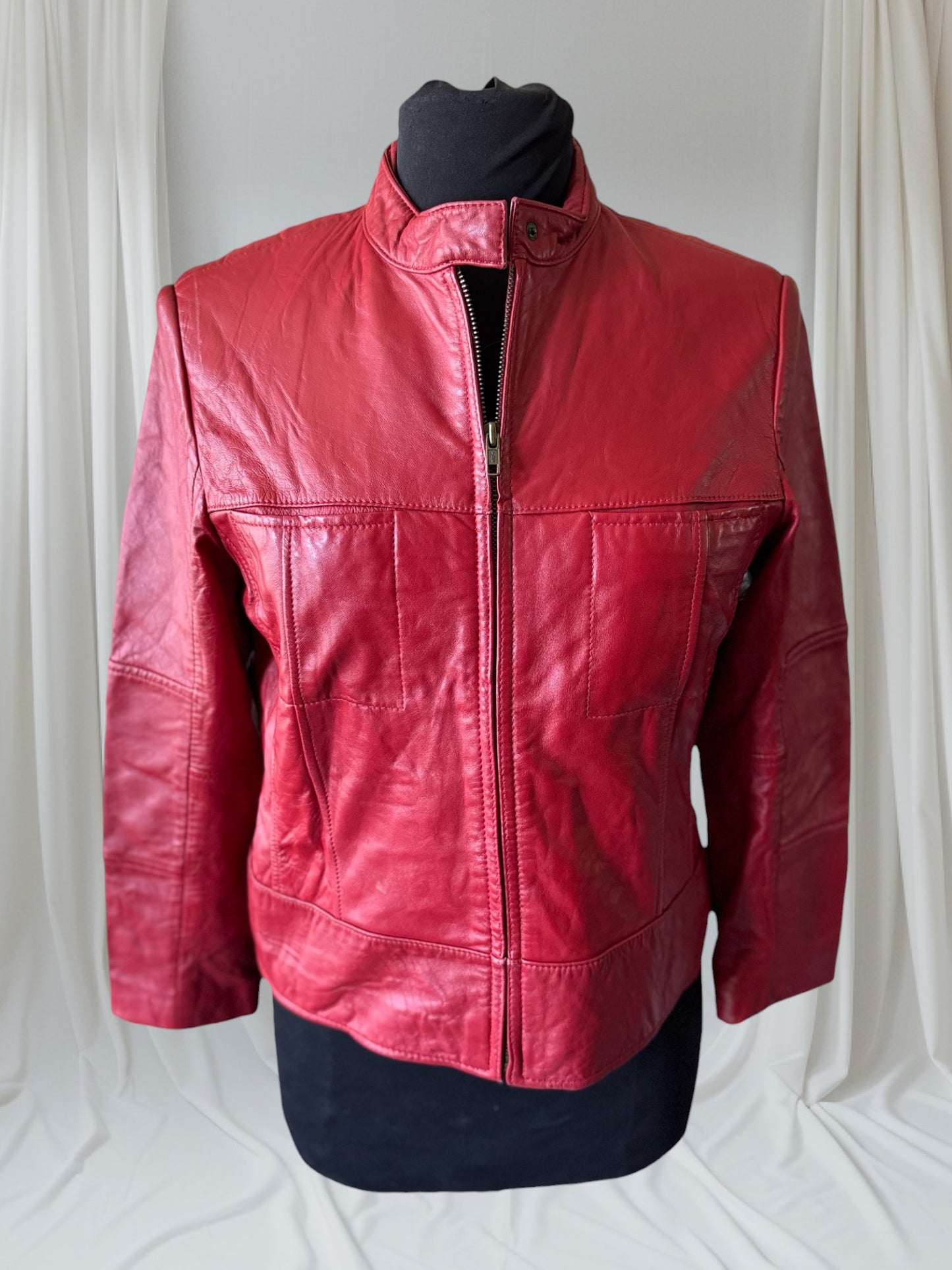 Red Leather Vintage Y2K Cafe Racer Women's Jacket, Size S/P