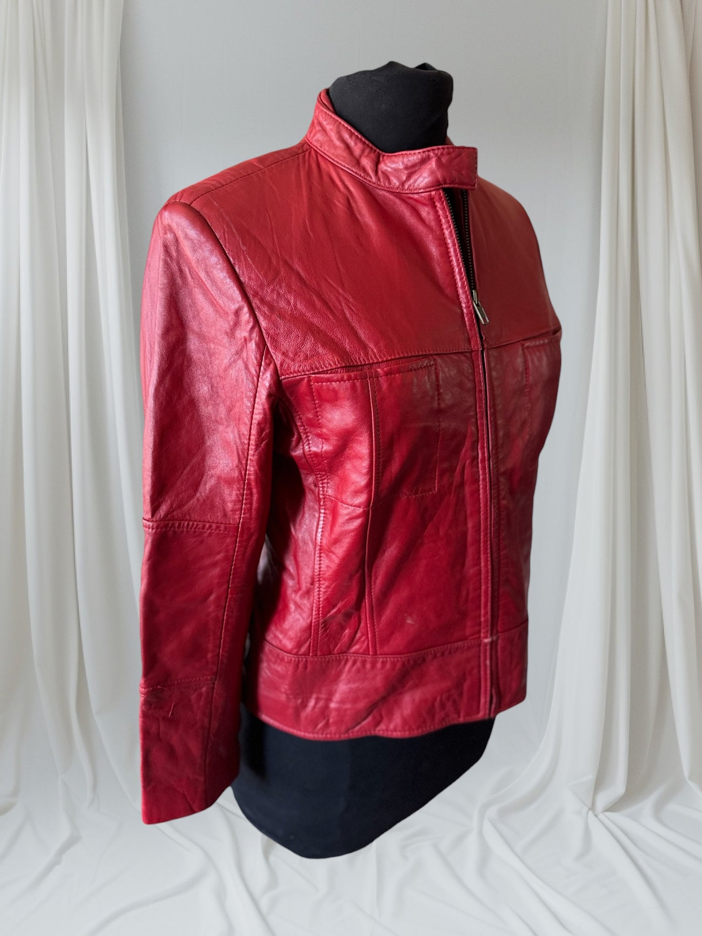 Red Leather Vintage Y2K Cafe Racer Women's Jacket, Size S/P