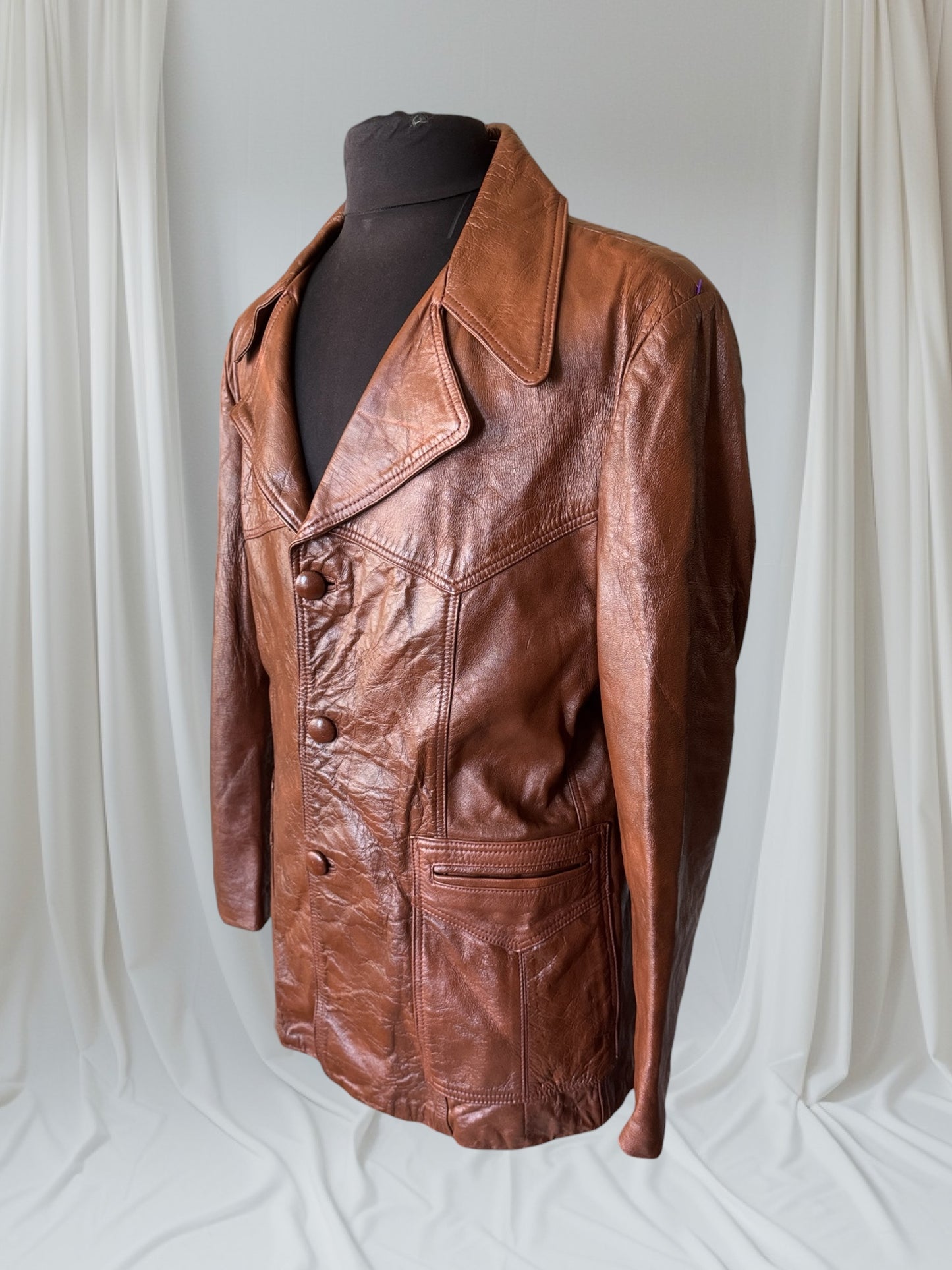 Men's 1970's Brown Vintage Leather Jacket, XL 44