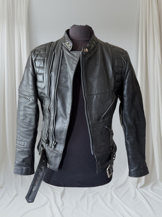 Men's Vintage Black Leather Motorcycle Jacket, 38/ S