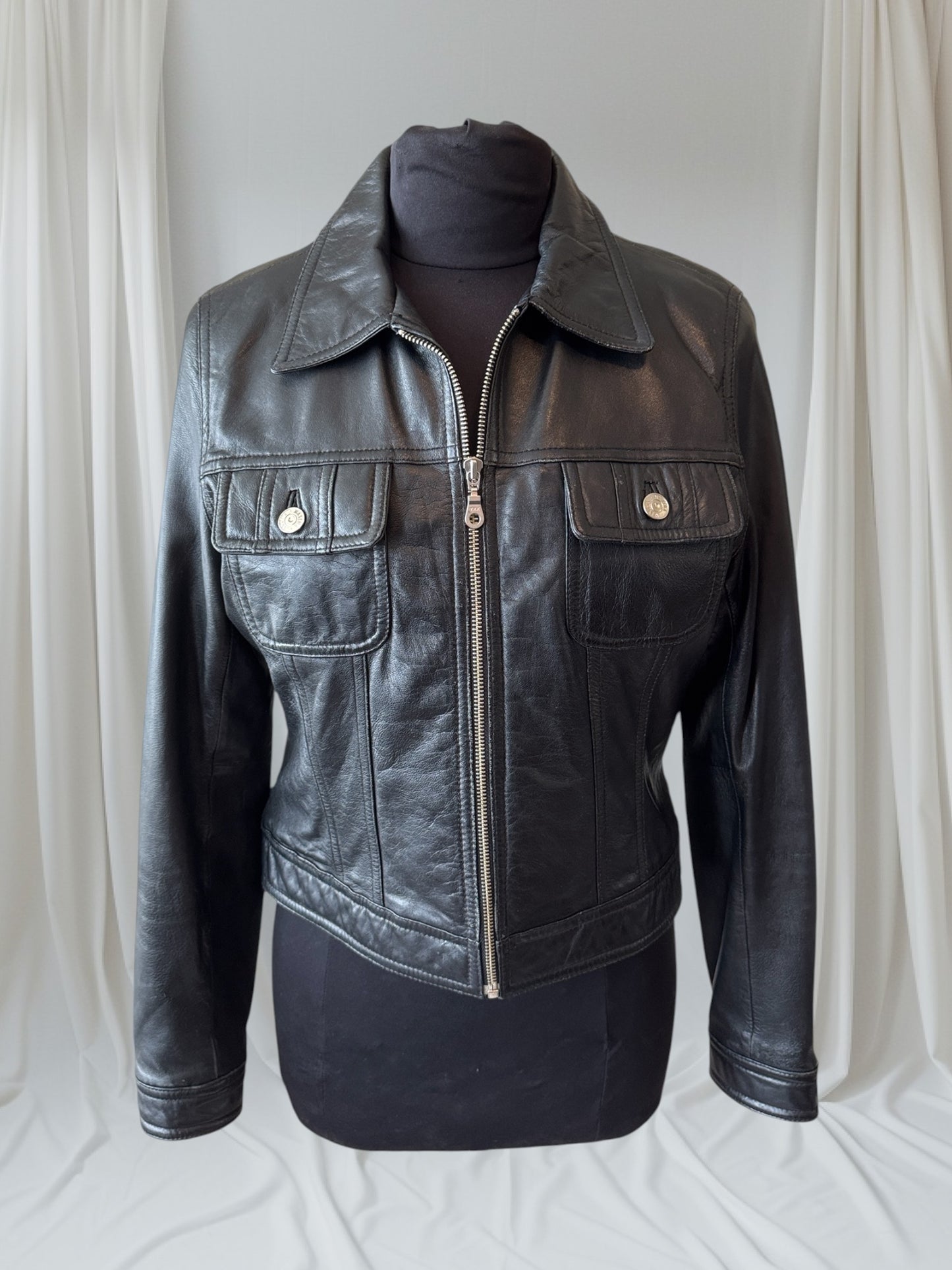 Women's Vintage Leather Trucker Jacket, Medium