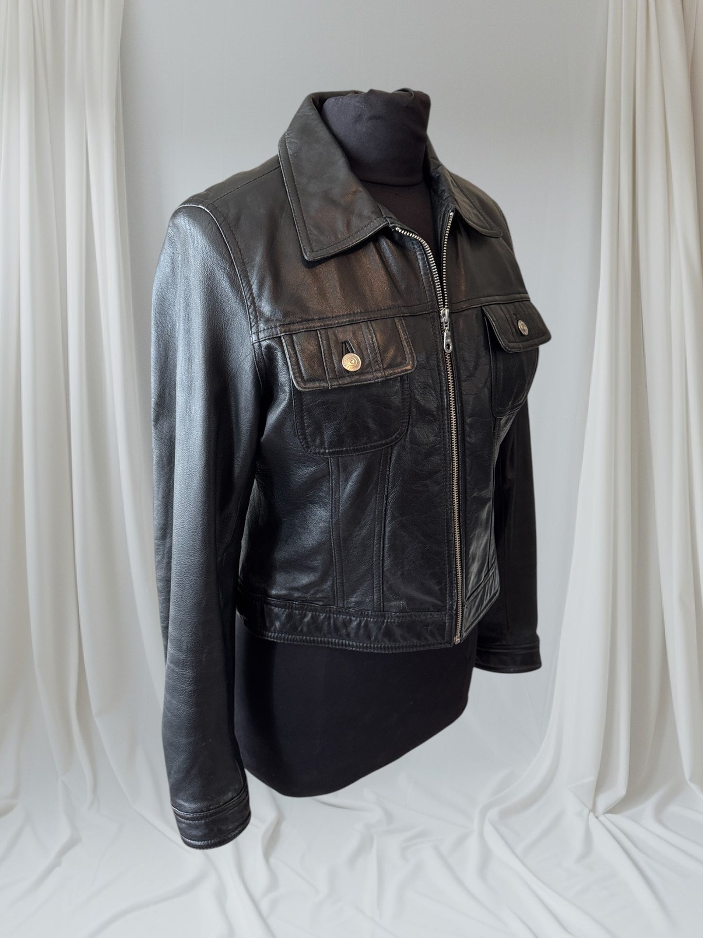 Women's Vintage Leather Trucker Jacket, Medium